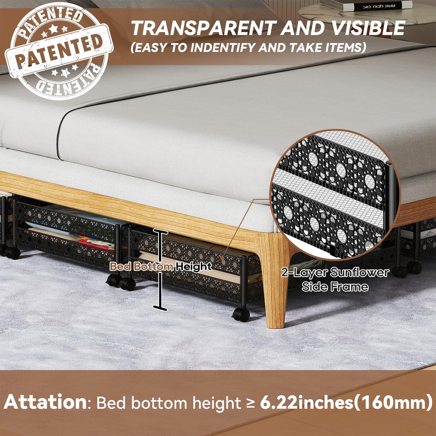 Under Bed Storage, Under the Bed Storage Containers with Wheels, Under Bed Shoe Storage Organizer Drawer, Tool-free Assembly Metal Underbed Storage Containers for Bedroom Clothes Shoes Blankets -2Pack