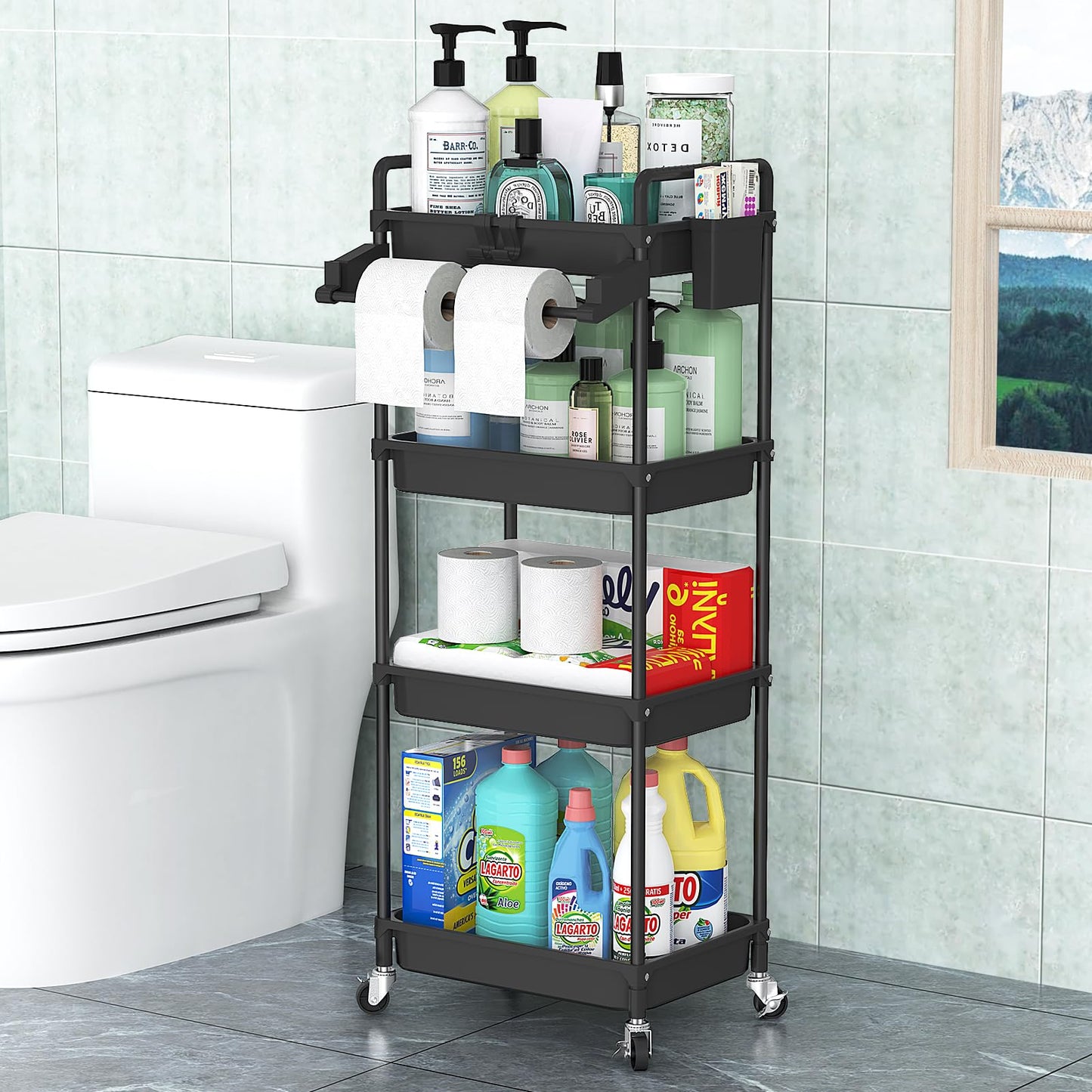 SPACEKEEPER Rolling Storage Cart, 3 Tier Utility Cart Laundry Room Organization Mobile Shelving Unit Bathroom Organizer with Towel Rack, Lockable Wheel, Hooks & Cup for Kitchen Office, Black