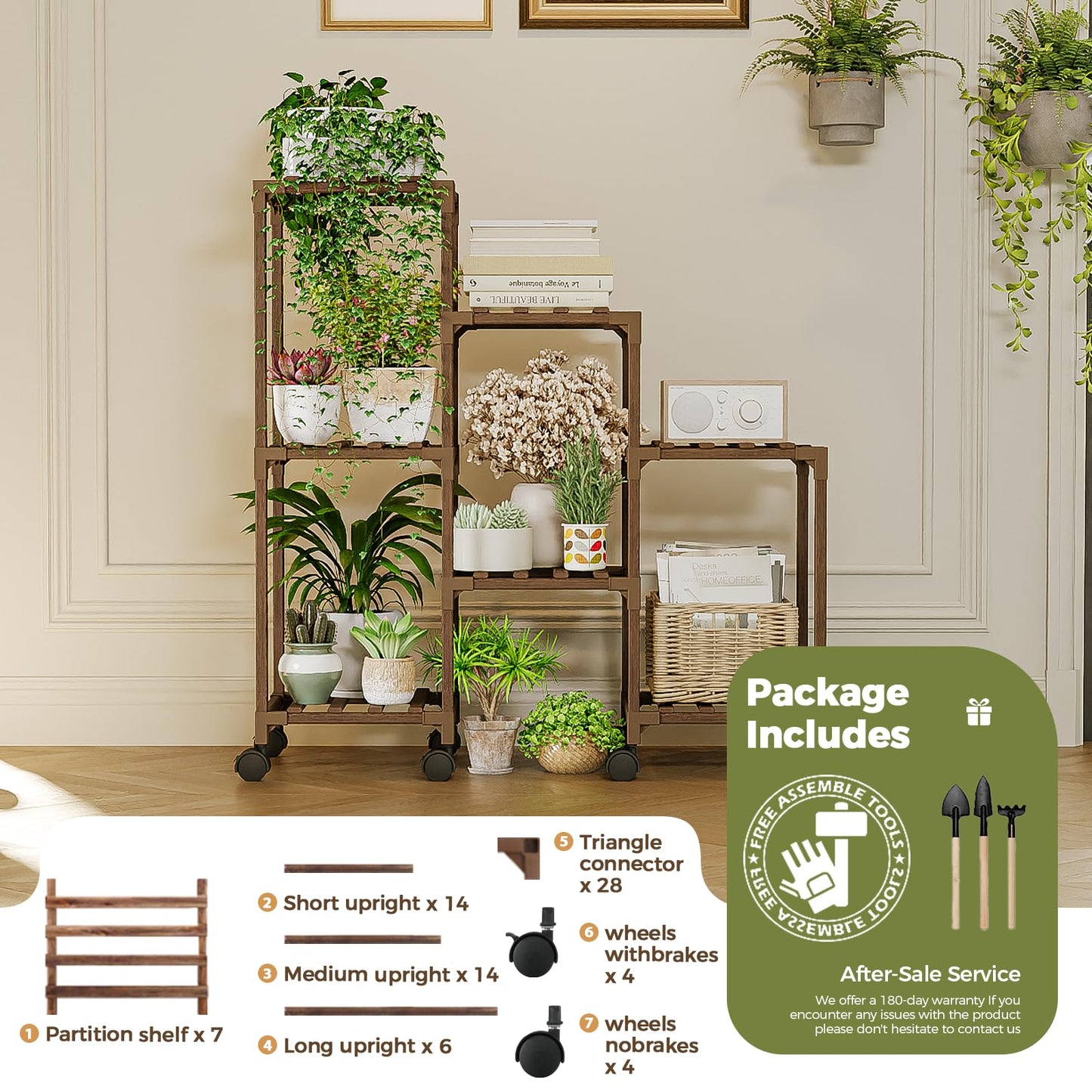Bamworld Plant Stand with Wheels for Indoor Plants Wood Outdoor Tiered Shelf 3 Tire 7 Potted Ladder Plant Holder Table Pot Stand for Window Garden Balcony Patio Living Room (natureDL)