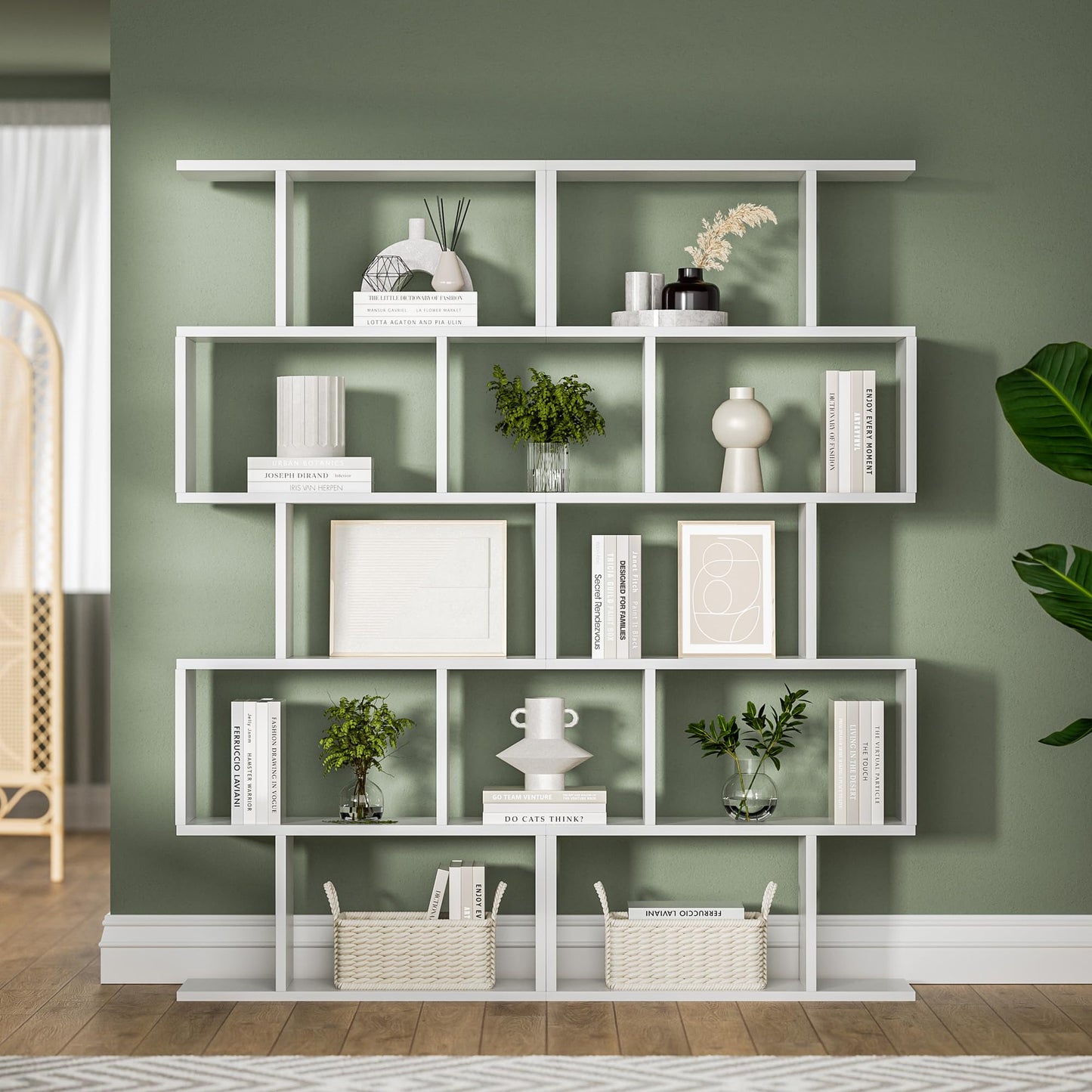 Black 5-Tier Geometric Bookcase, S-Shaped Modern Bookshelf Set of 2, 62.6" Tall Room Divider Book Shelf, Decorative Display Shelf