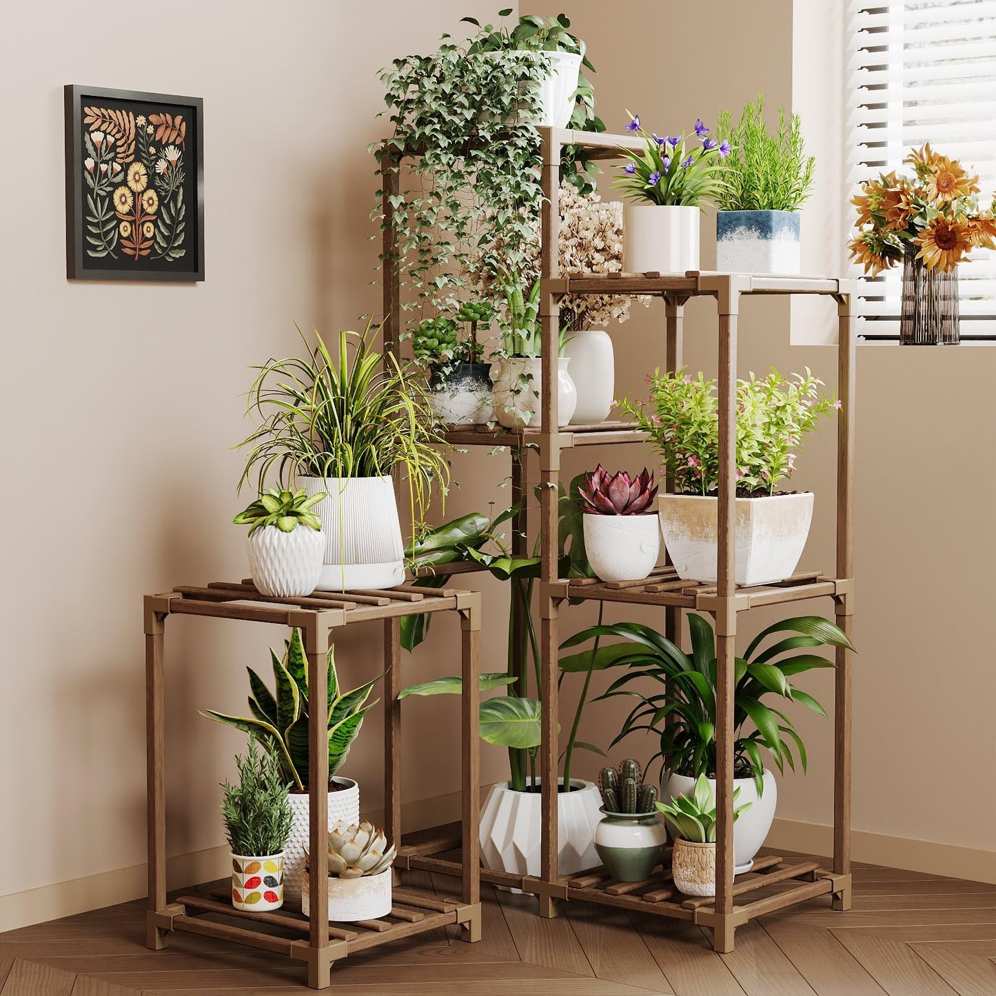 Bamworld Plant Stand with Wheels for Indoor Plants Wood Outdoor Tiered Shelf 3 Tire 7 Potted Ladder Plant Holder Table Pot Stand for Window Garden Balcony Patio Living Room (natureDL)