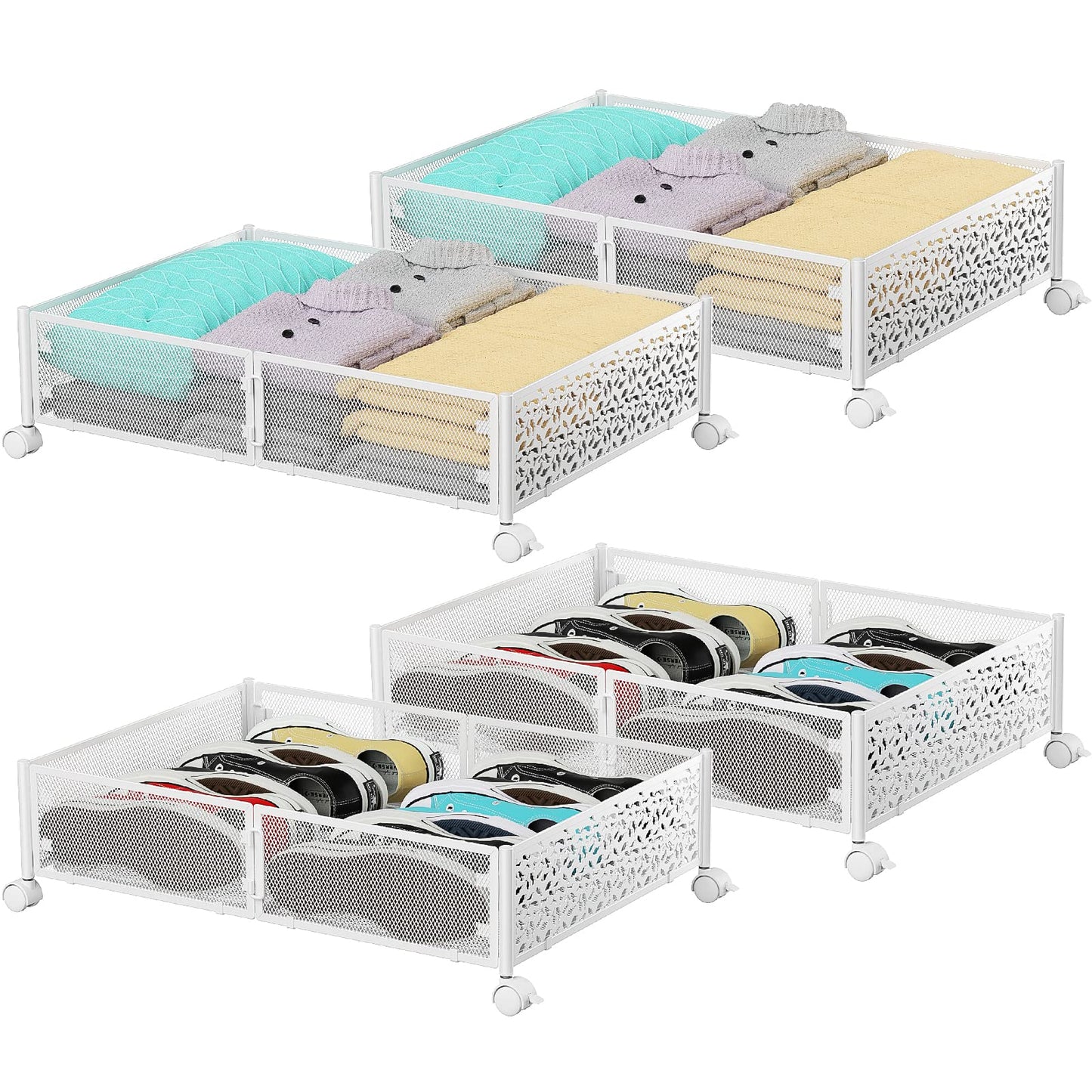 Under Bed Storage, Under the Bed Storage Containers with Wheels, Under Bed Shoe Storage Organizer Drawer, Tool-free Assembly Metal Underbed Storage Containers for Bedroom Clothes Shoes Blankets -2Pack