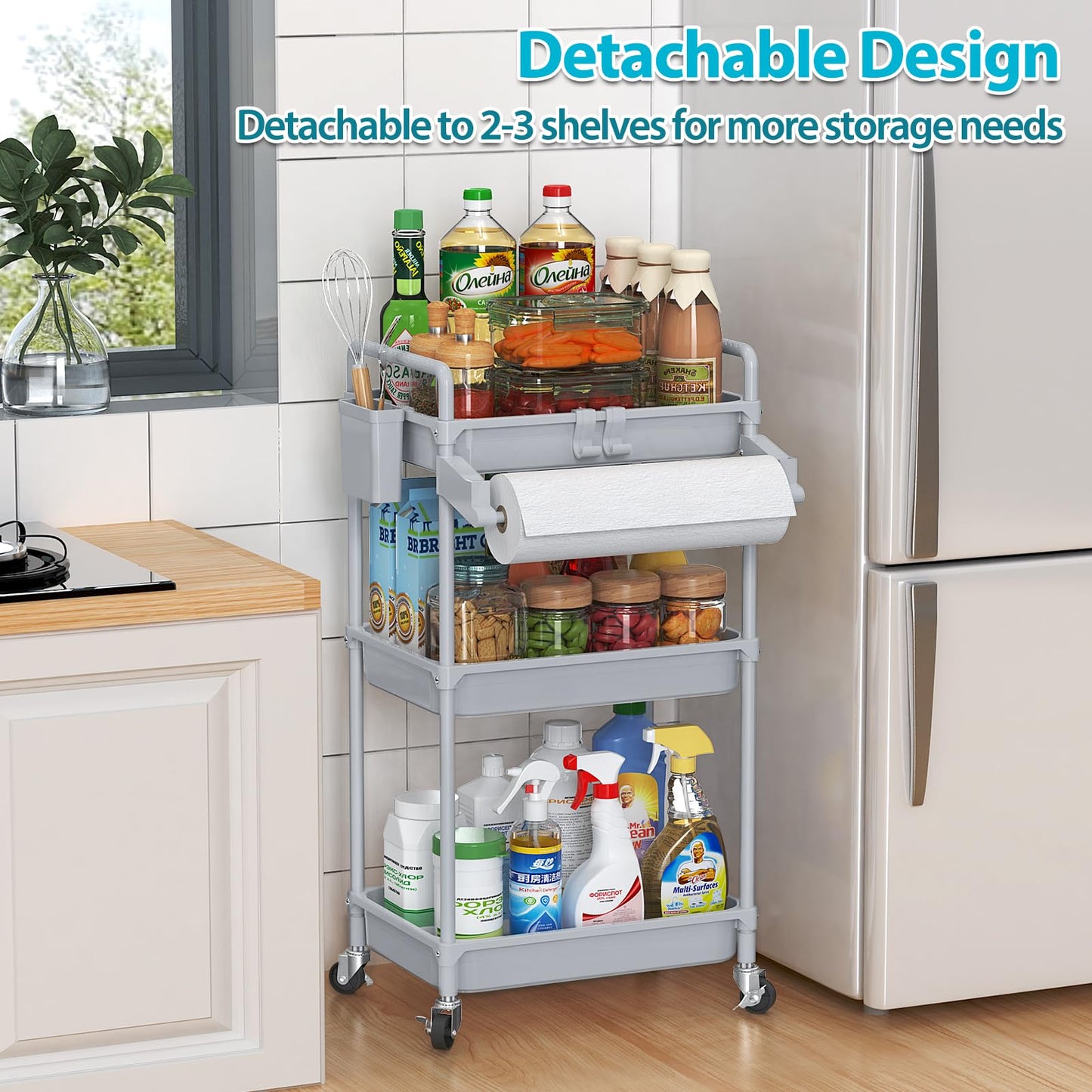 SPACEKEEPER Rolling Storage Cart, 3 Tier Utility Cart Laundry Room Organization Mobile Shelving Unit Bathroom Organizer with Towel Rack, Lockable Wheel, Hooks & Cup for Kitchen Office, Black