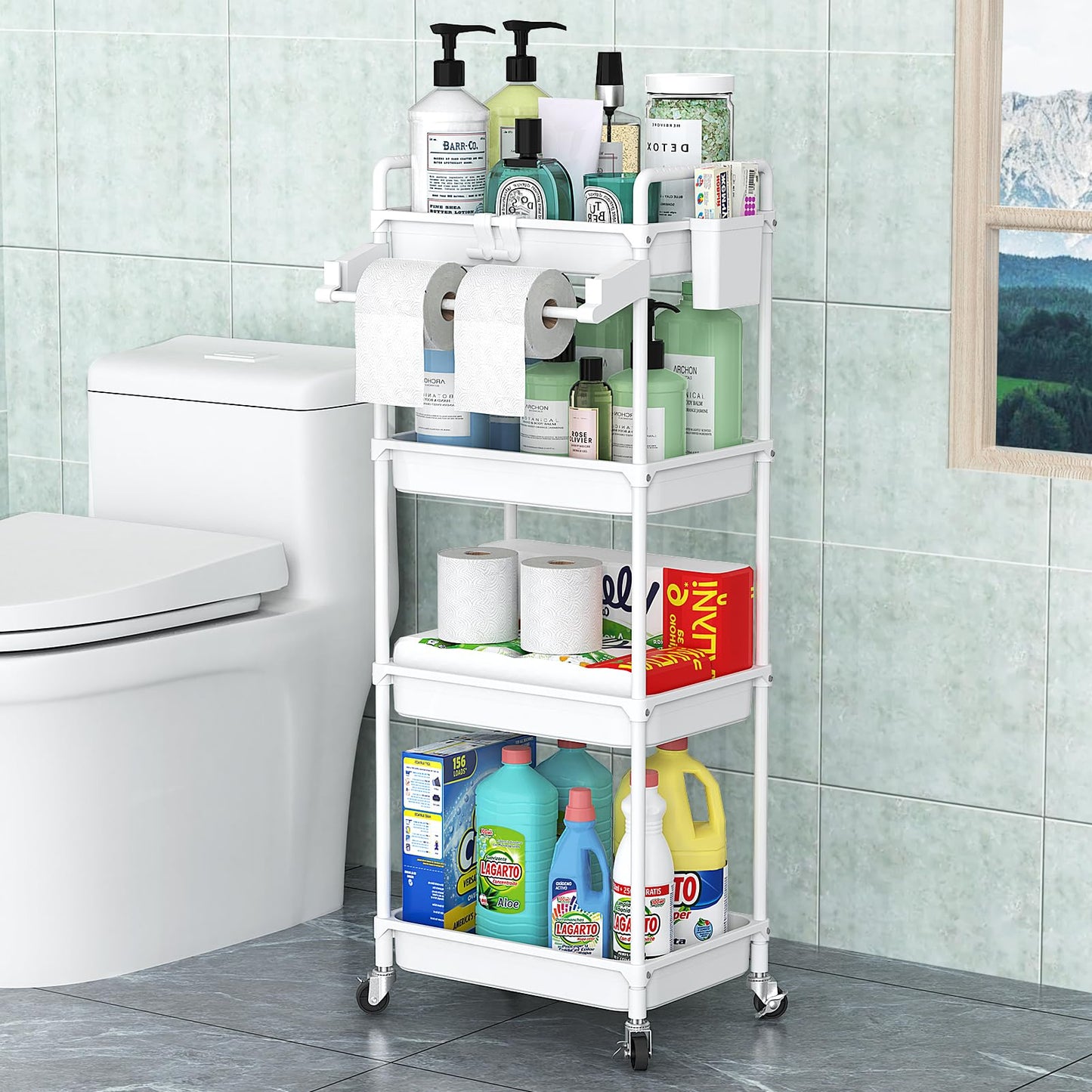 SPACEKEEPER Rolling Storage Cart, 3 Tier Utility Cart Laundry Room Organization Mobile Shelving Unit Bathroom Organizer with Towel Rack, Lockable Wheel, Hooks & Cup for Kitchen Office, Black