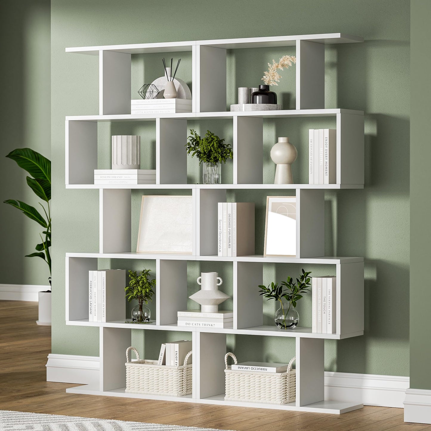 Black 5-Tier Geometric Bookcase, S-Shaped Modern Bookshelf Set of 2, 62.6" Tall Room Divider Book Shelf, Decorative Display Shelf