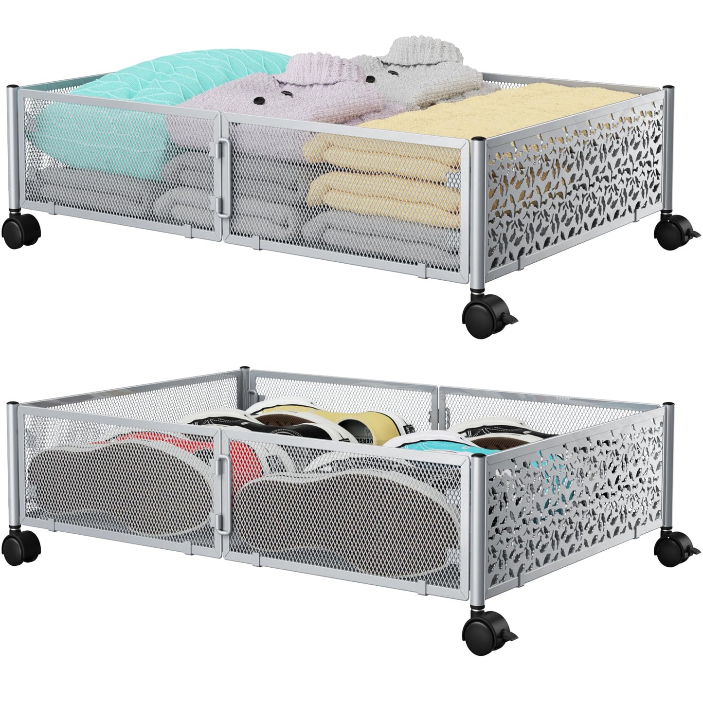 Under Bed Storage, Under the Bed Storage Containers with Wheels, Under Bed Shoe Storage Organizer Drawer, Tool-free Assembly Metal Underbed Storage Containers for Bedroom Clothes Shoes Blankets -2Pack