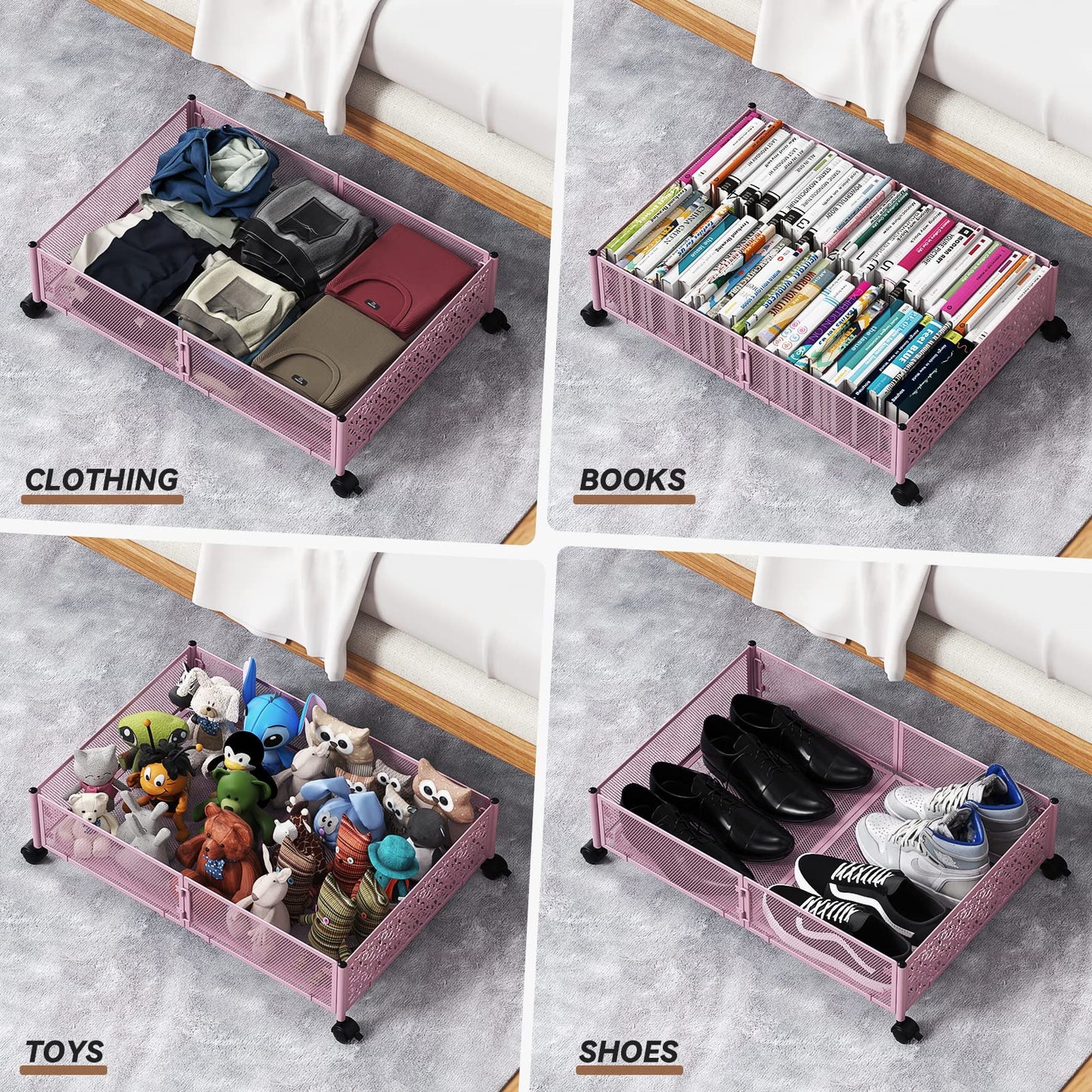 Under Bed Storage, Under the Bed Storage Containers with Wheels, Under Bed Shoe Storage Organizer Drawer, Tool-free Assembly Metal Underbed Storage Containers for Bedroom Clothes Shoes Blankets -2Pack