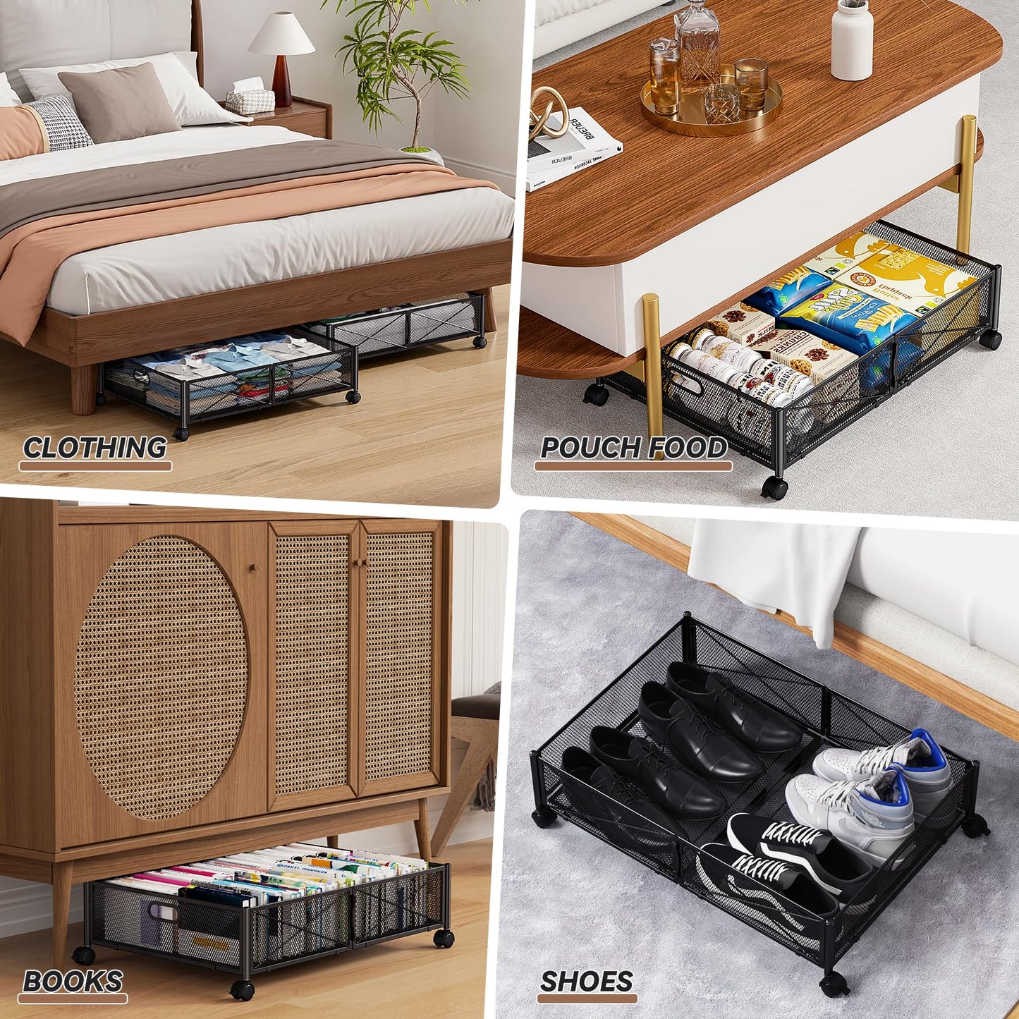 Under Bed Storage, Under the Bed Storage Containers with Wheels, Under Bed Shoe Storage Organizer Drawer, Tool-free Assembly Metal Underbed Storage Containers for Bedroom Clothes Shoes Blankets -2Pack