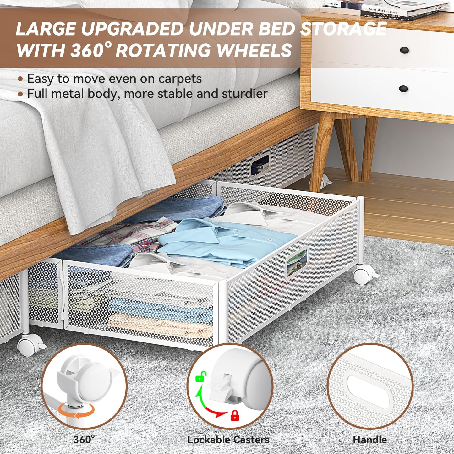 Under Bed Storage, Under the Bed Storage Containers with Wheels, Under Bed Shoe Storage Organizer Drawer, Tool-free Assembly Metal Underbed Storage Containers for Bedroom Clothes Shoes Blankets -2Pack