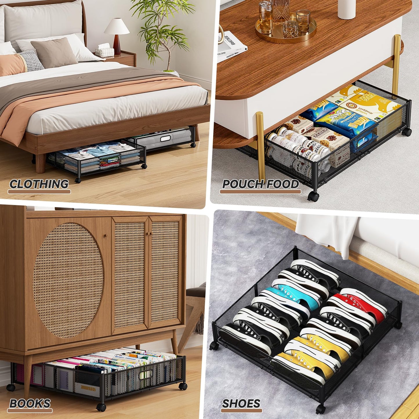 Under Bed Storage, Under the Bed Storage Containers with Wheels, Under Bed Shoe Storage Organizer Drawer, Tool-free Assembly Metal Underbed Storage Containers for Bedroom Clothes Shoes Blankets -2Pack