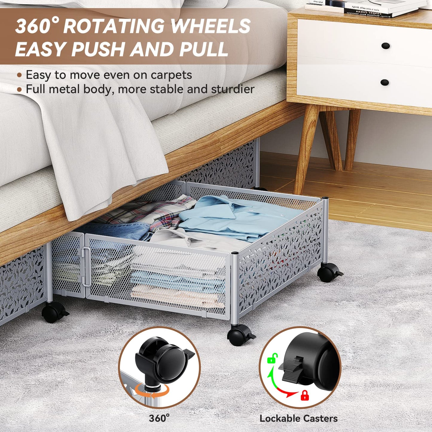 Under Bed Storage, Under the Bed Storage Containers with Wheels, Under Bed Shoe Storage Organizer Drawer, Tool-free Assembly Metal Underbed Storage Containers for Bedroom Clothes Shoes Blankets -2Pack