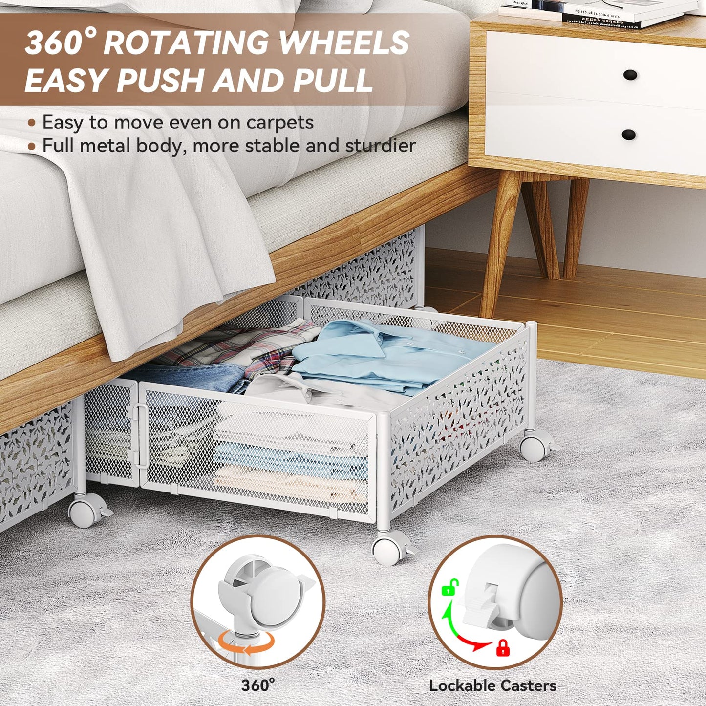 Under Bed Storage, Under the Bed Storage Containers with Wheels, Under Bed Shoe Storage Organizer Drawer, Tool-free Assembly Metal Underbed Storage Containers for Bedroom Clothes Shoes Blankets -2Pack