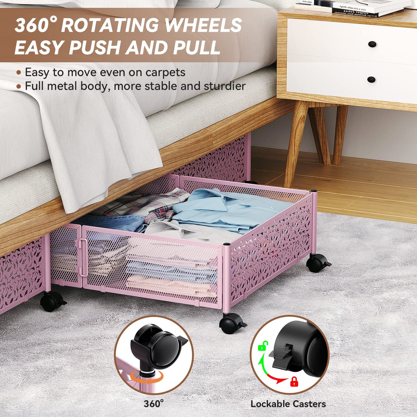 Under Bed Storage, Under the Bed Storage Containers with Wheels, Under Bed Shoe Storage Organizer Drawer, Tool-free Assembly Metal Underbed Storage Containers for Bedroom Clothes Shoes Blankets -2Pack