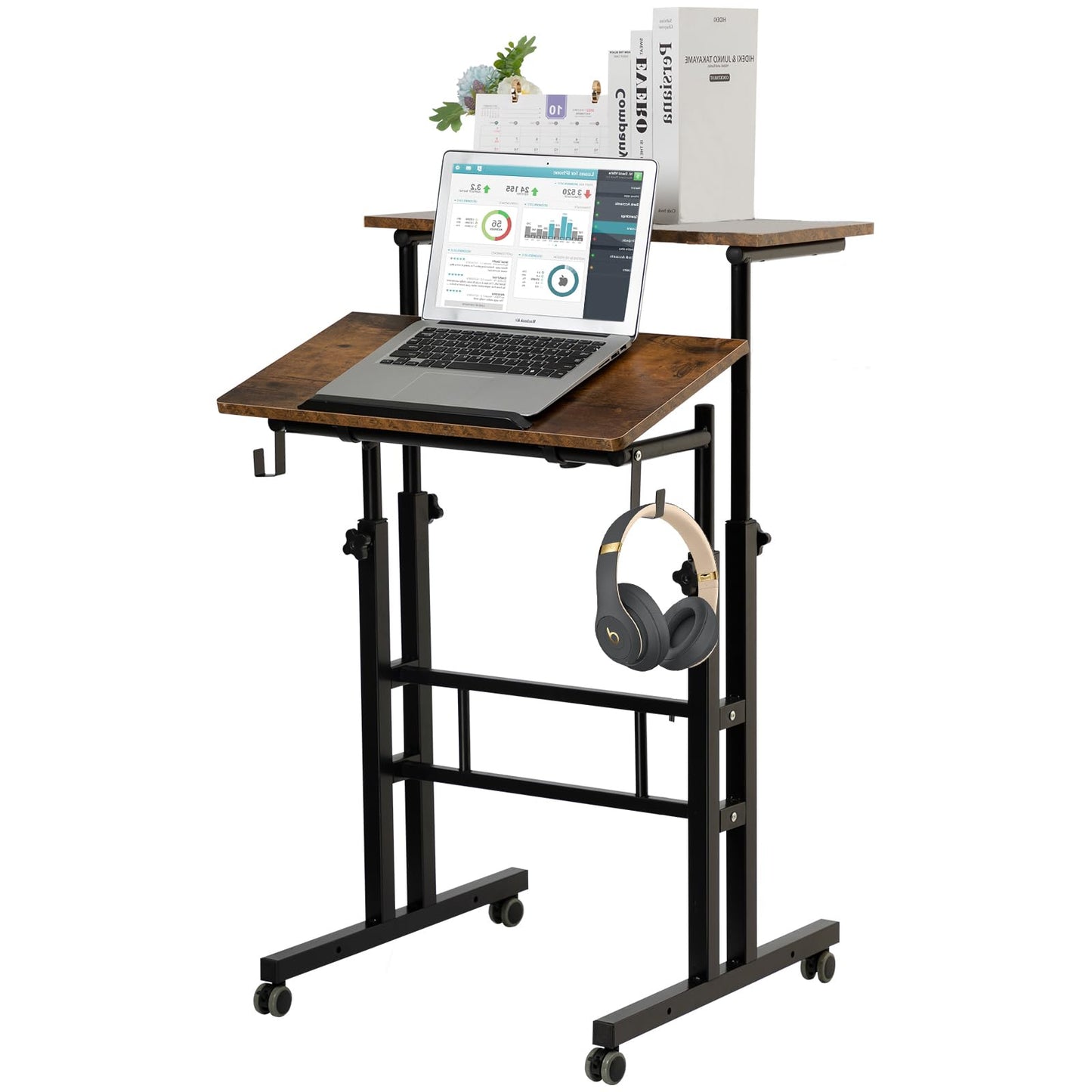 SIDUCAL Mobile Standing Desk, Portable Stand Up Desk, Small Adjustable Standing Desk Converter with Wheels Home Office Workstation, Rolling Desk Laptop Cart for Standing or Sitting, Black