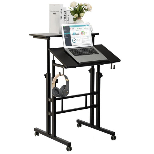 SIDUCAL Mobile Standing Desk, Portable Stand Up Desk, Small Adjustable Standing Desk Converter with Wheels Home Office Workstation, Rolling Desk Laptop Cart for Standing or Sitting, Black