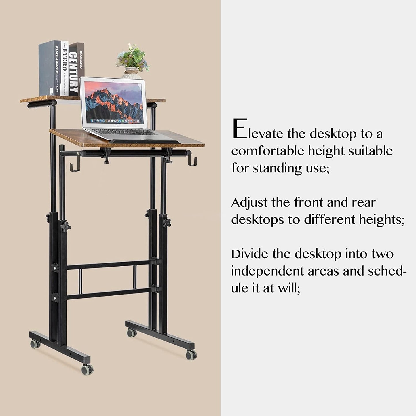 SIDUCAL Mobile Standing Desk, Portable Stand Up Desk, Small Adjustable Standing Desk Converter with Wheels Home Office Workstation, Rolling Desk Laptop Cart for Standing or Sitting, Black