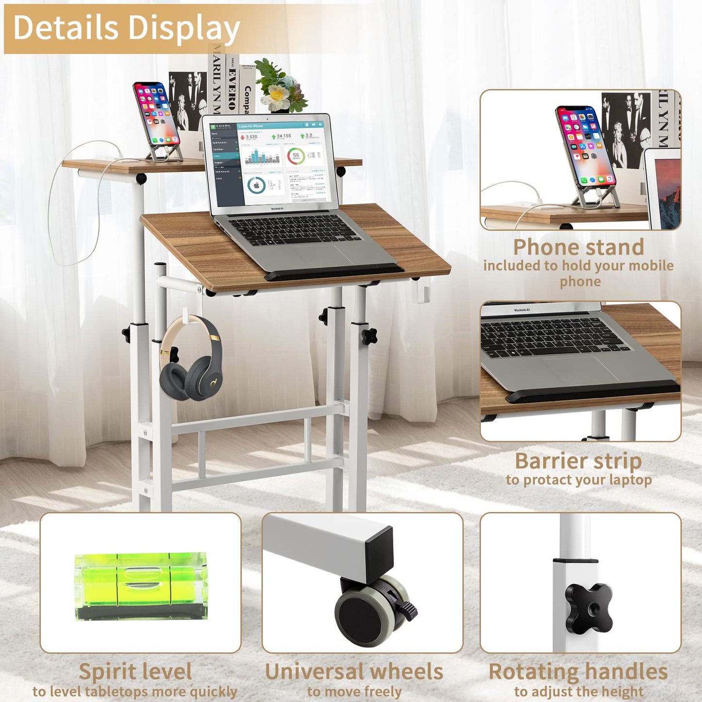 SIDUCAL Mobile Standing Desk, Portable Stand Up Desk, Small Adjustable Standing Desk Converter with Wheels Home Office Workstation, Rolling Desk Laptop Cart for Standing or Sitting, Black
