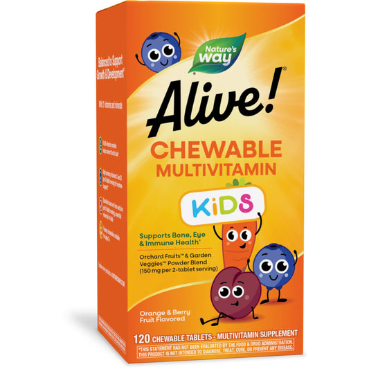 Nature's Way Alive! Children's Daily Chewable Multivitamin, Supports Bone, Eye, and Immune Health*, Orange & Berry Fruit Flavored, Gluten Free, 120 Chewable Tablets (Packaging May Vary)