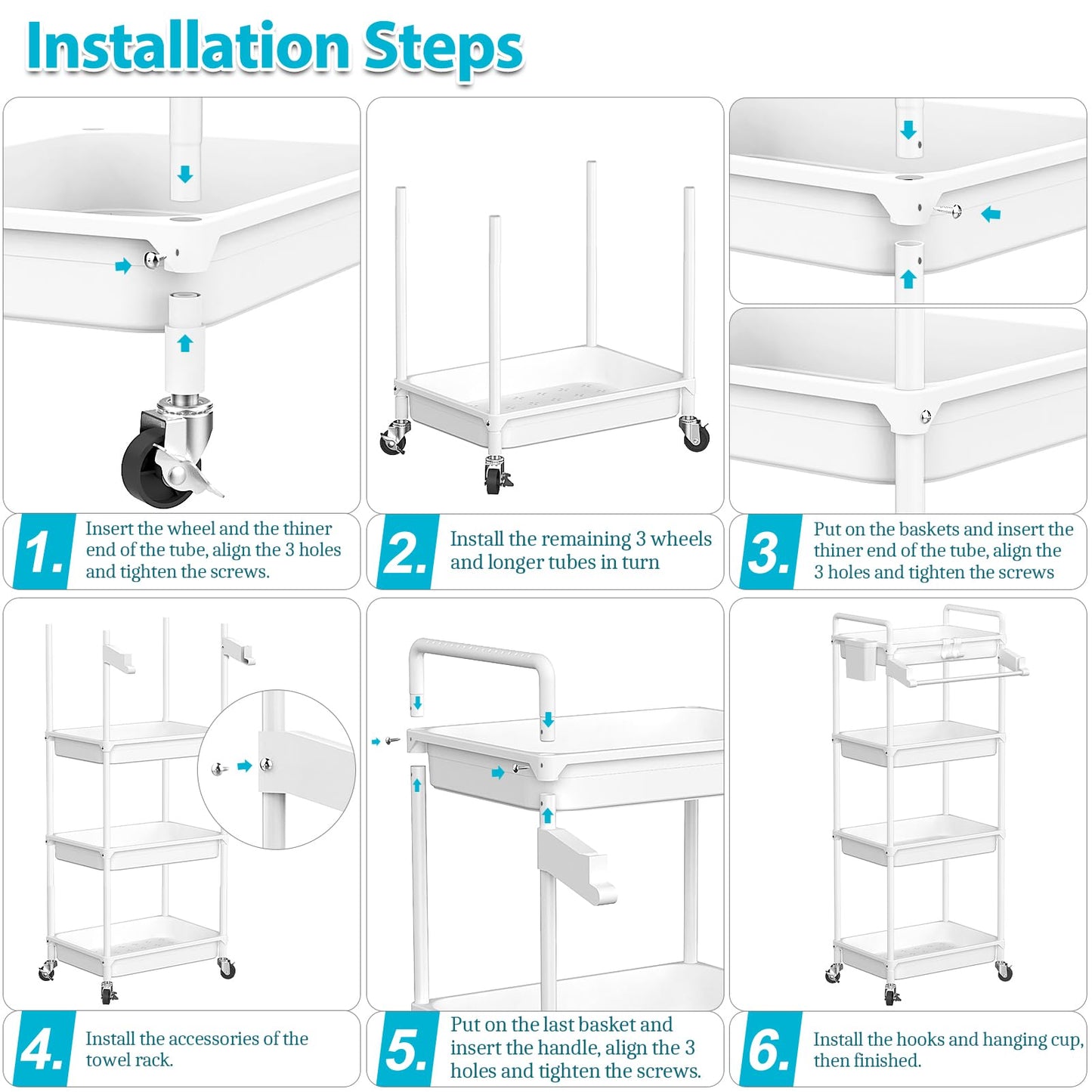 SPACEKEEPER Rolling Storage Cart, 3 Tier Utility Cart Laundry Room Organization Mobile Shelving Unit Bathroom Organizer with Towel Rack, Lockable Wheel, Hooks & Cup for Kitchen Office, Black