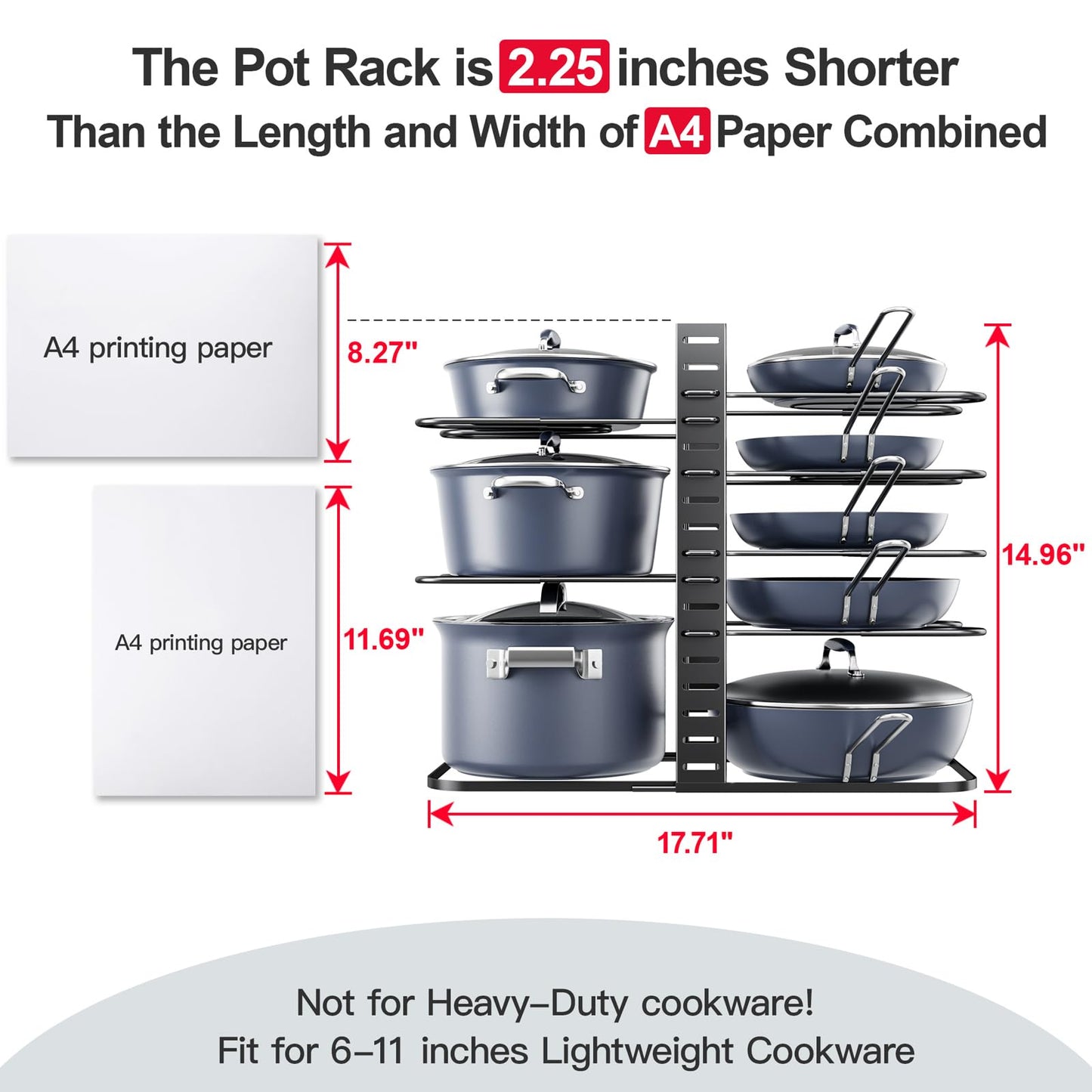 ORDORA 8 Tier Pot and Pan Organizer Rack for Cabinet With 3 DIY Methods, Adjustable Organizer for Pots, Pans and Lids