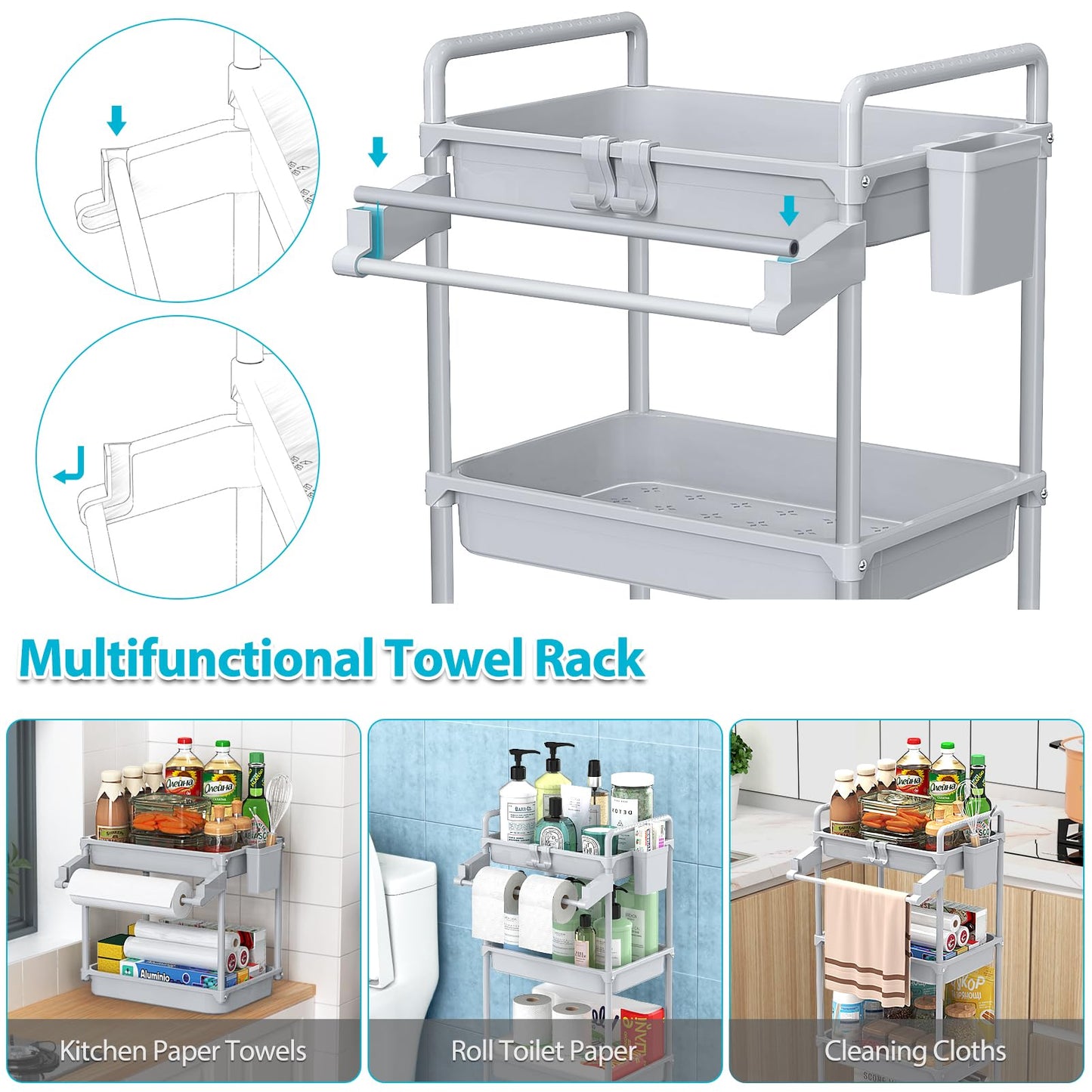 SPACEKEEPER Rolling Storage Cart, 3 Tier Utility Cart Laundry Room Organization Mobile Shelving Unit Bathroom Organizer with Towel Rack, Lockable Wheel, Hooks & Cup for Kitchen Office, Black