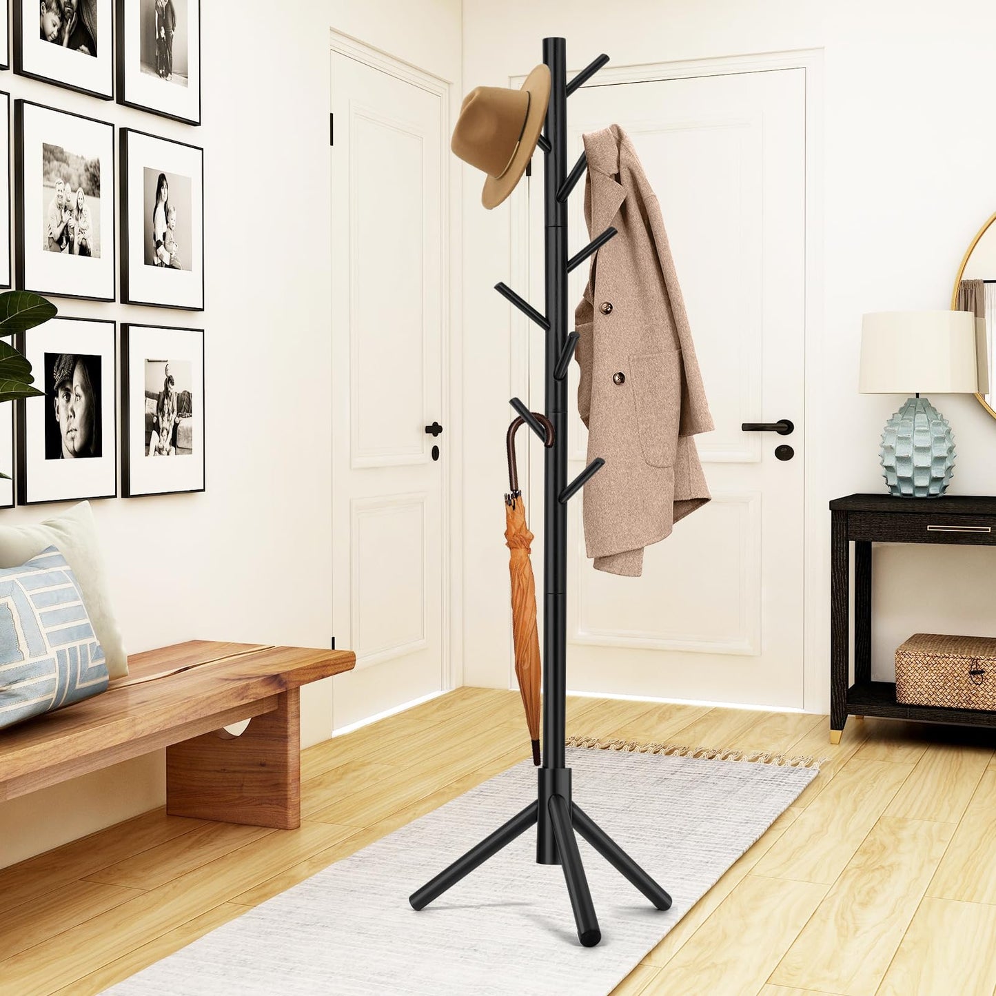 Coat Rack, Freestanding Coat Rack with 8 Hooks and 3 Adjustable Size Tree Coat Racks for Bedroom, Hallway, Entrance, Office, for Hats, Coats, Scarves, Handbags