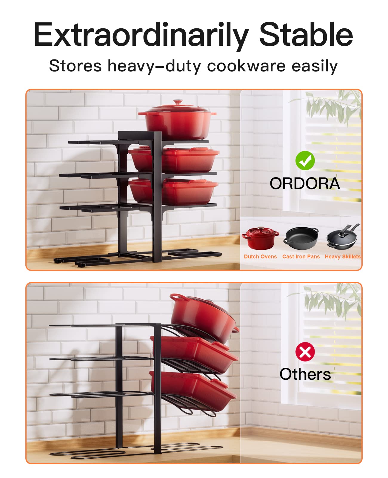 ORDORA 8 Tier Pot and Pan Organizer Rack for Cabinet With 3 DIY Methods, Adjustable Organizer for Pots, Pans and Lids