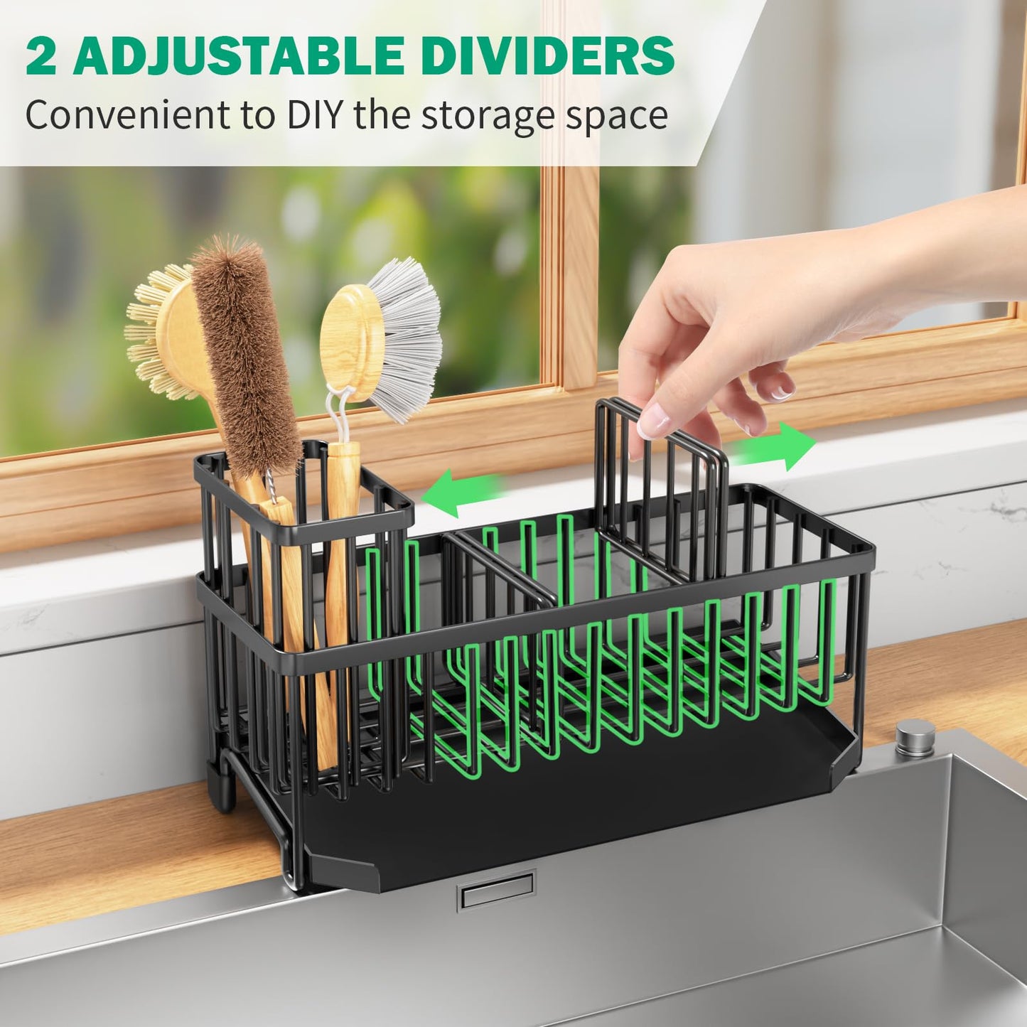 TomCare Sponge Holder for Kitchen Sink Extra Large Sink Caddy with Drain Tray Brush Holder Rustproof Kitchen Sink Organizer with 2 Adjustable Dividers Durable Kitchen Storage Accessories for Counter