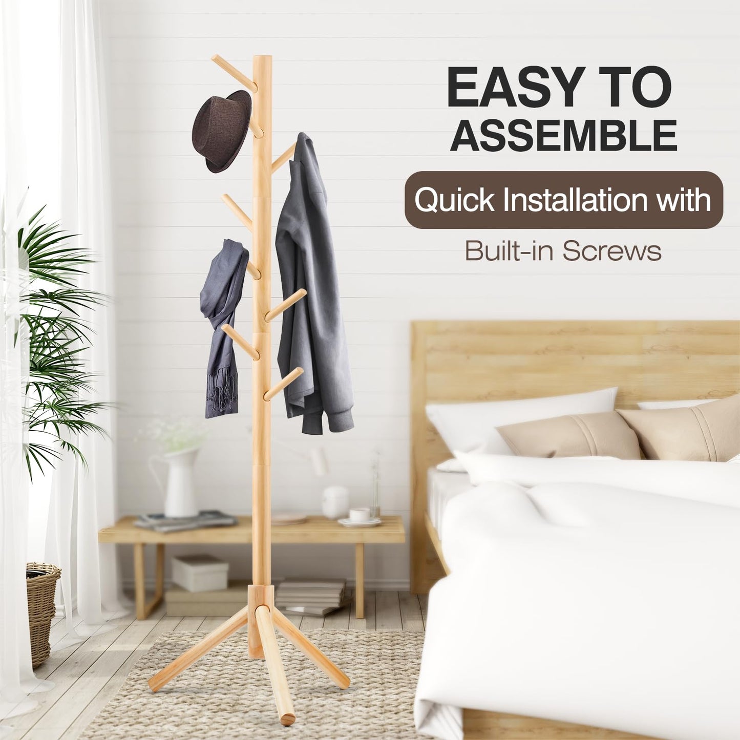 Coat Rack, Freestanding Coat Rack with 8 Hooks and 3 Adjustable Size Tree Coat Racks for Bedroom, Hallway, Entrance, Office, for Hats, Coats, Scarves, Handbags