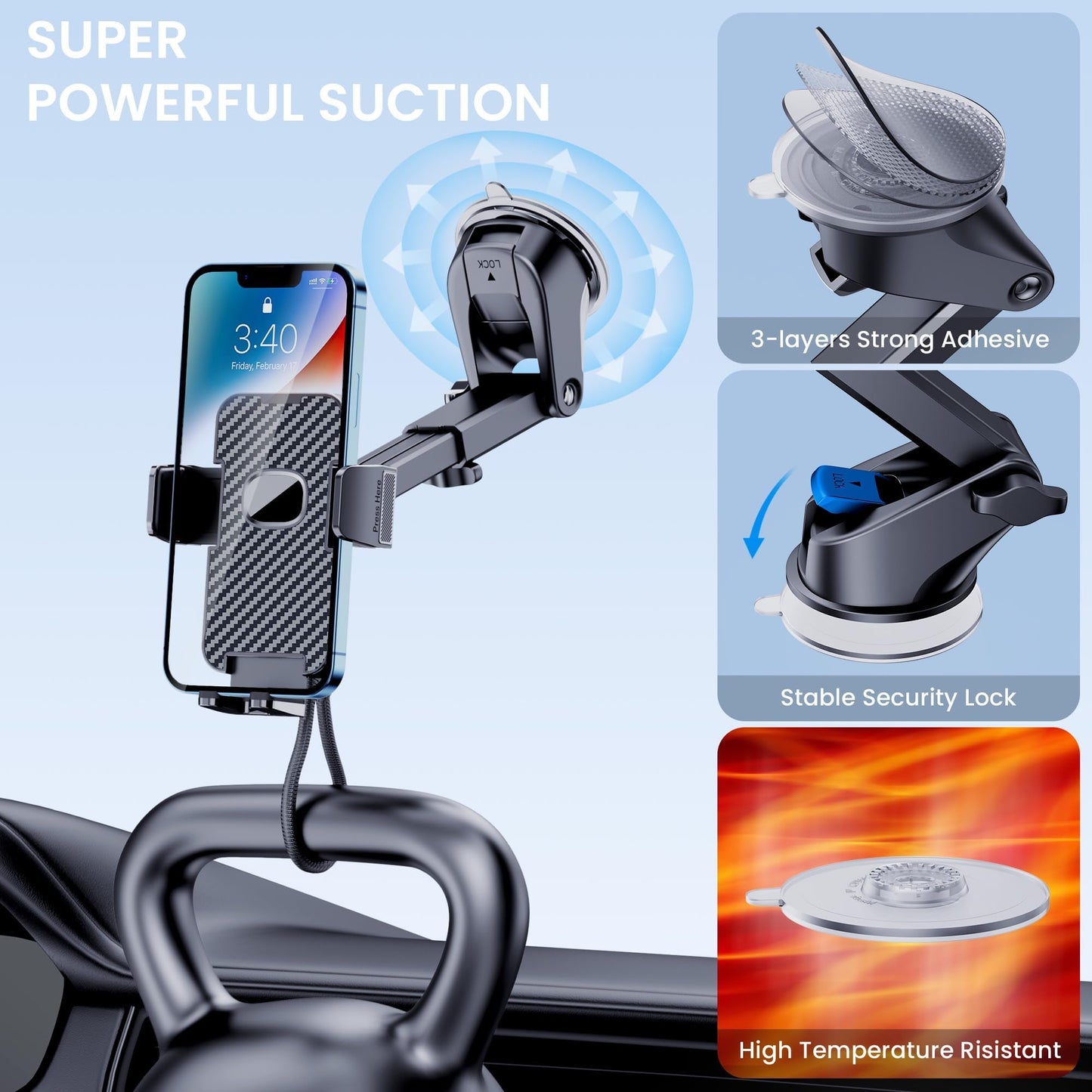 Phone Holder Car Mount for iPhone [Powerful Suction] Phone Mount for Car Dashboard Windshield Air Vent Universal Accessories [Thick Cases Friendly] Automobile Phone Holder Fit iPhone Smartphone