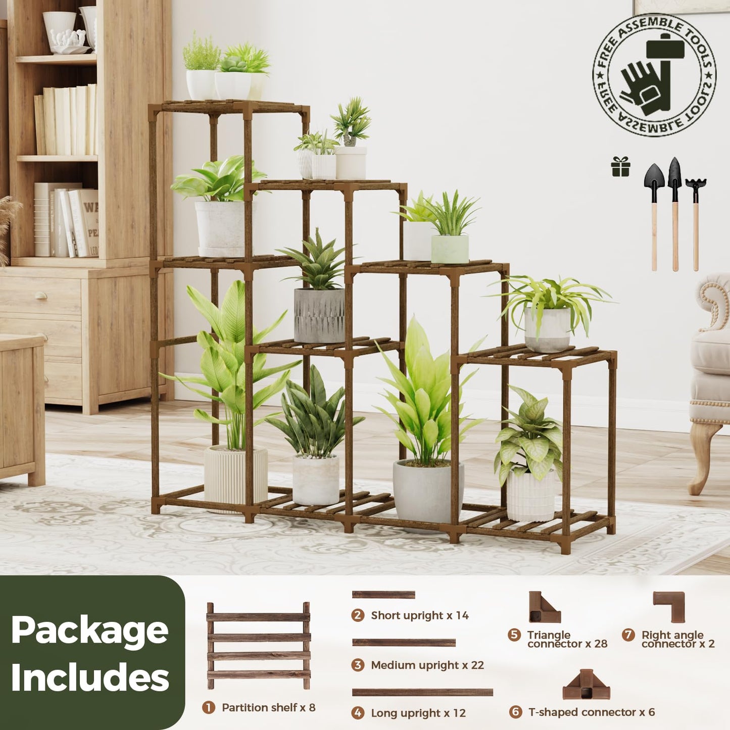 Bamworld Plant Stand with Wheels for Indoor Plants Wood Outdoor Tiered Shelf 3 Tire 7 Potted Ladder Plant Holder Table Pot Stand for Window Garden Balcony Patio Living Room (natureDL)