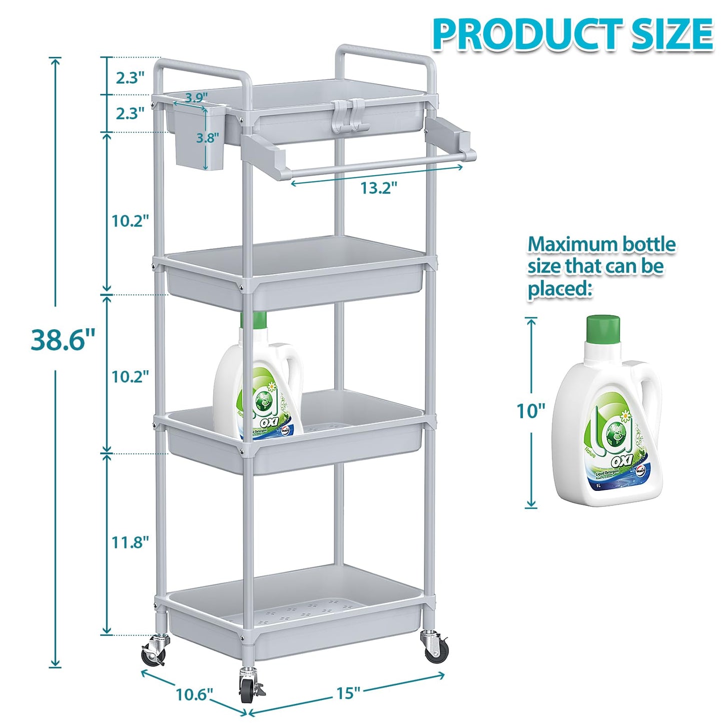SPACEKEEPER Rolling Storage Cart, 3 Tier Utility Cart Laundry Room Organization Mobile Shelving Unit Bathroom Organizer with Towel Rack, Lockable Wheel, Hooks & Cup for Kitchen Office, Black
