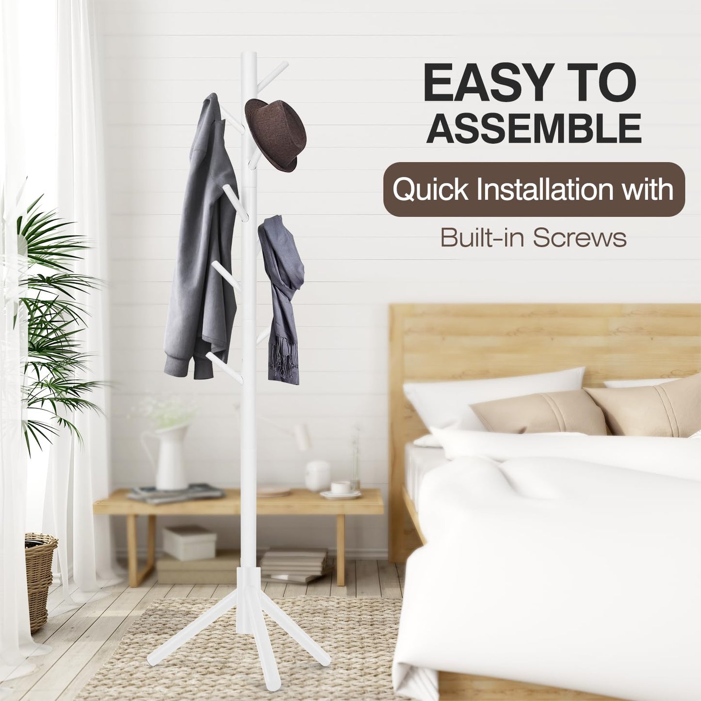 Coat Rack, Freestanding Coat Rack with 8 Hooks and 3 Adjustable Size Tree Coat Racks for Bedroom, Hallway, Entrance, Office, for Hats, Coats, Scarves, Handbags