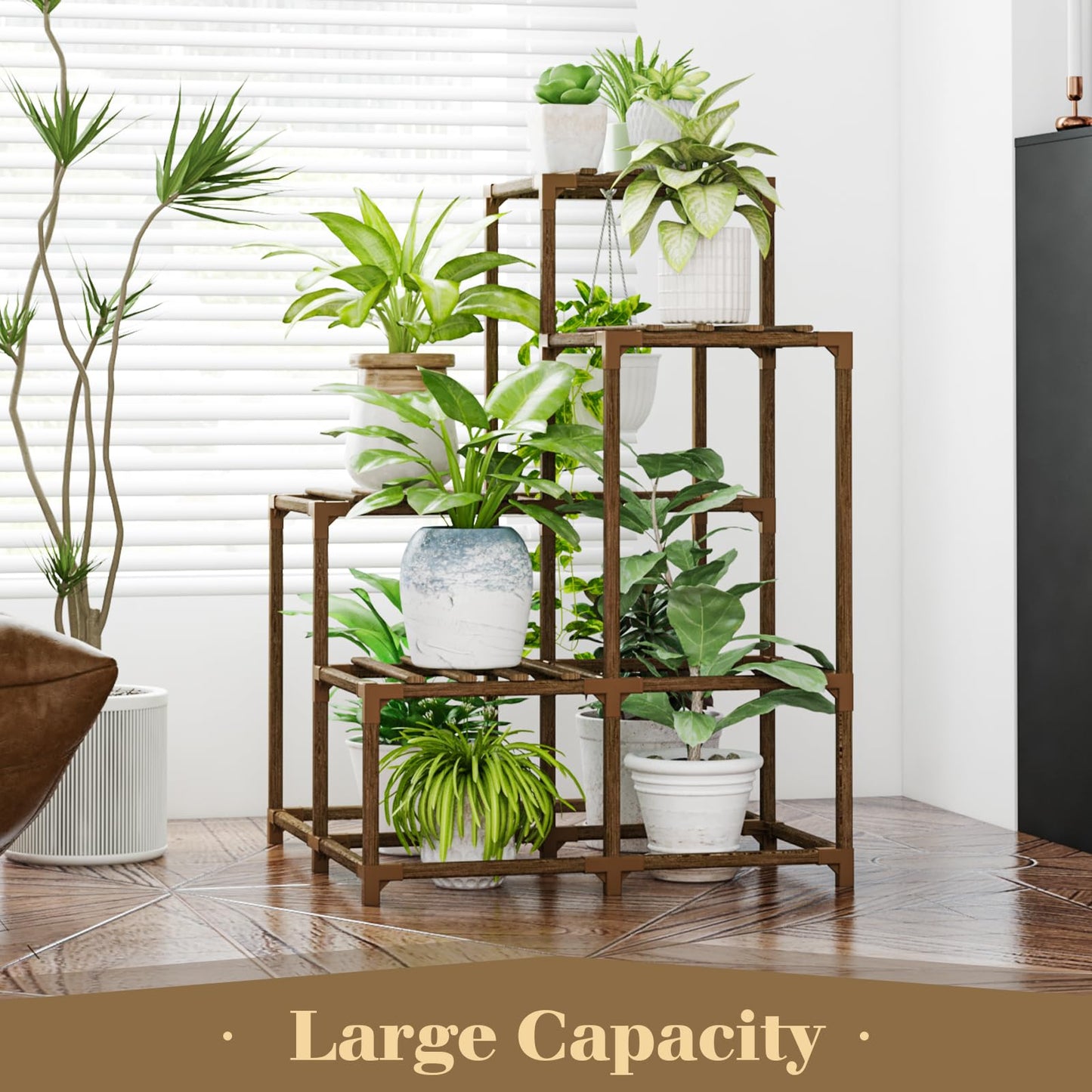 Bamworld Plant Stand with Wheels for Indoor Plants Wood Outdoor Tiered Shelf 3 Tire 7 Potted Ladder Plant Holder Table Pot Stand for Window Garden Balcony Patio Living Room (natureDL)