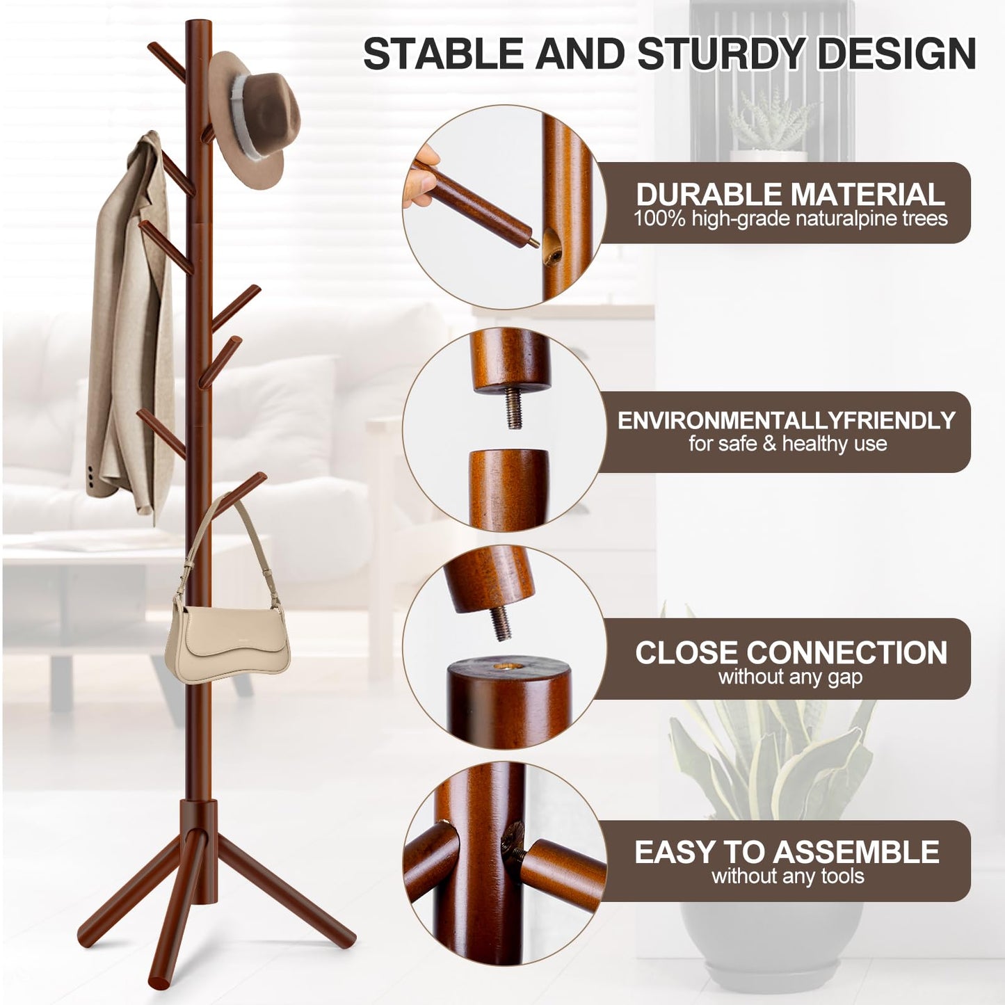 Coat Rack, Freestanding Coat Rack with 8 Hooks and 3 Adjustable Size Tree Coat Racks for Bedroom, Hallway, Entrance, Office, for Hats, Coats, Scarves, Handbags