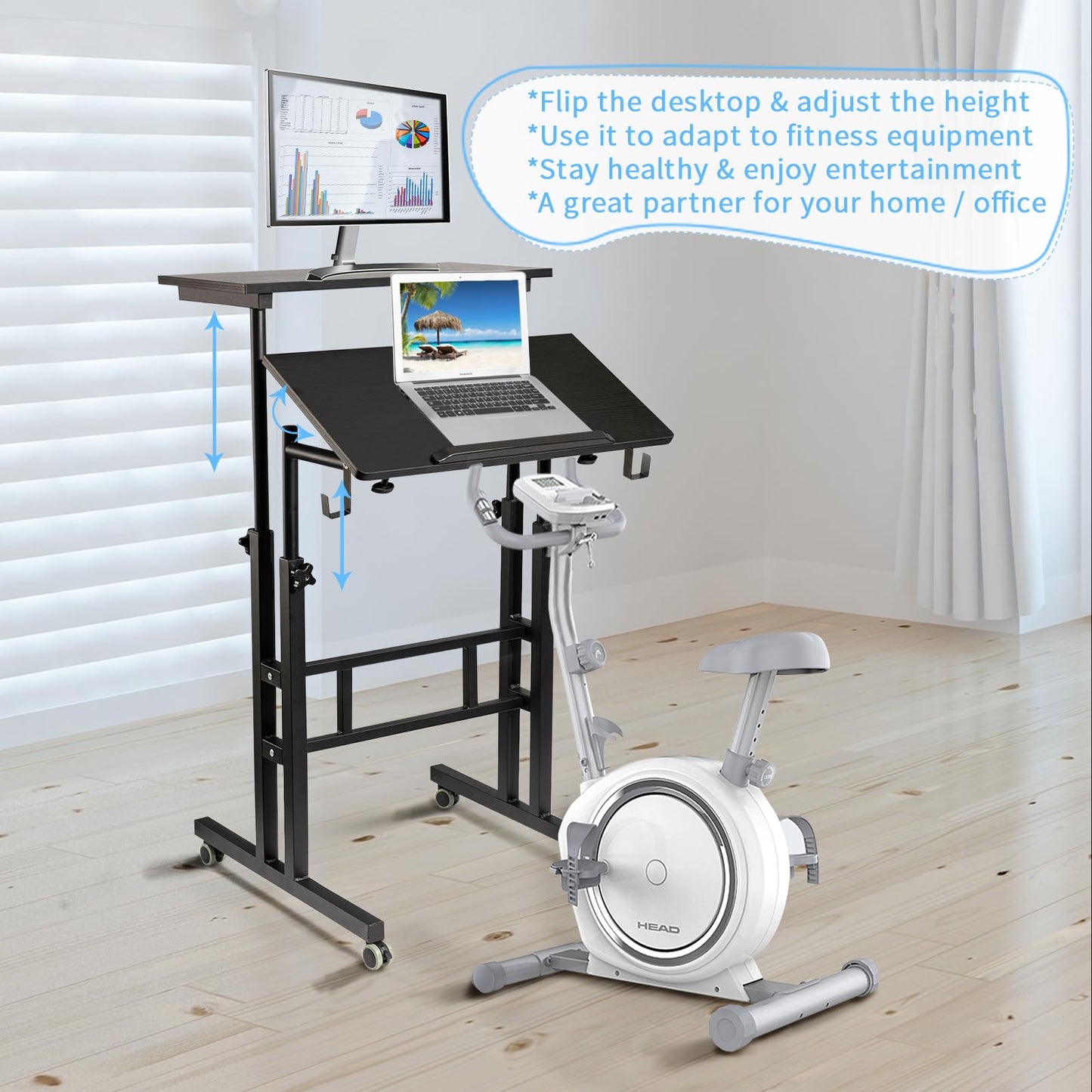 SIDUCAL Mobile Standing Desk, Portable Stand Up Desk, Small Adjustable Standing Desk Converter with Wheels Home Office Workstation, Rolling Desk Laptop Cart for Standing or Sitting, Black