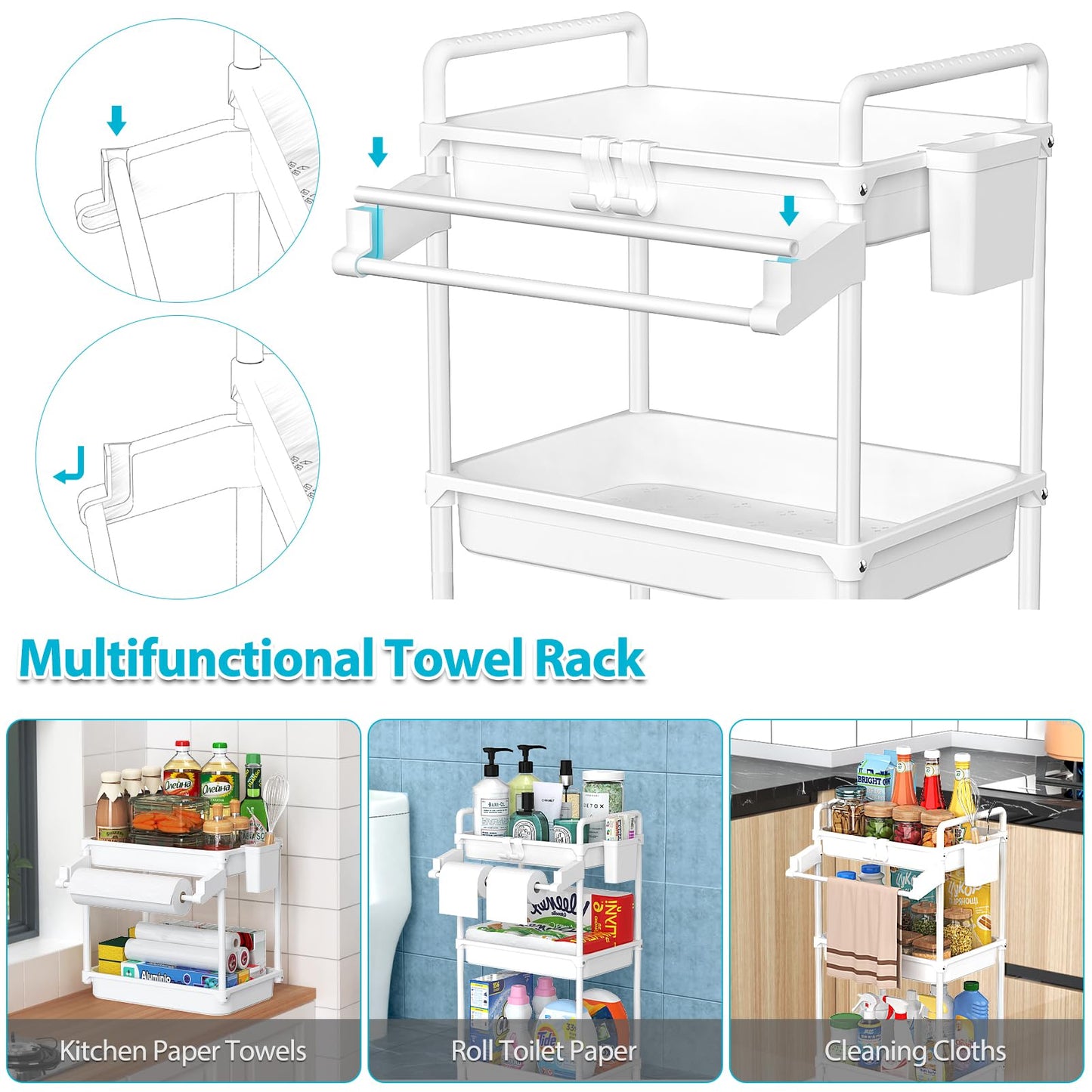 SPACEKEEPER Rolling Storage Cart, 3 Tier Utility Cart Laundry Room Organization Mobile Shelving Unit Bathroom Organizer with Towel Rack, Lockable Wheel, Hooks & Cup for Kitchen Office, Black