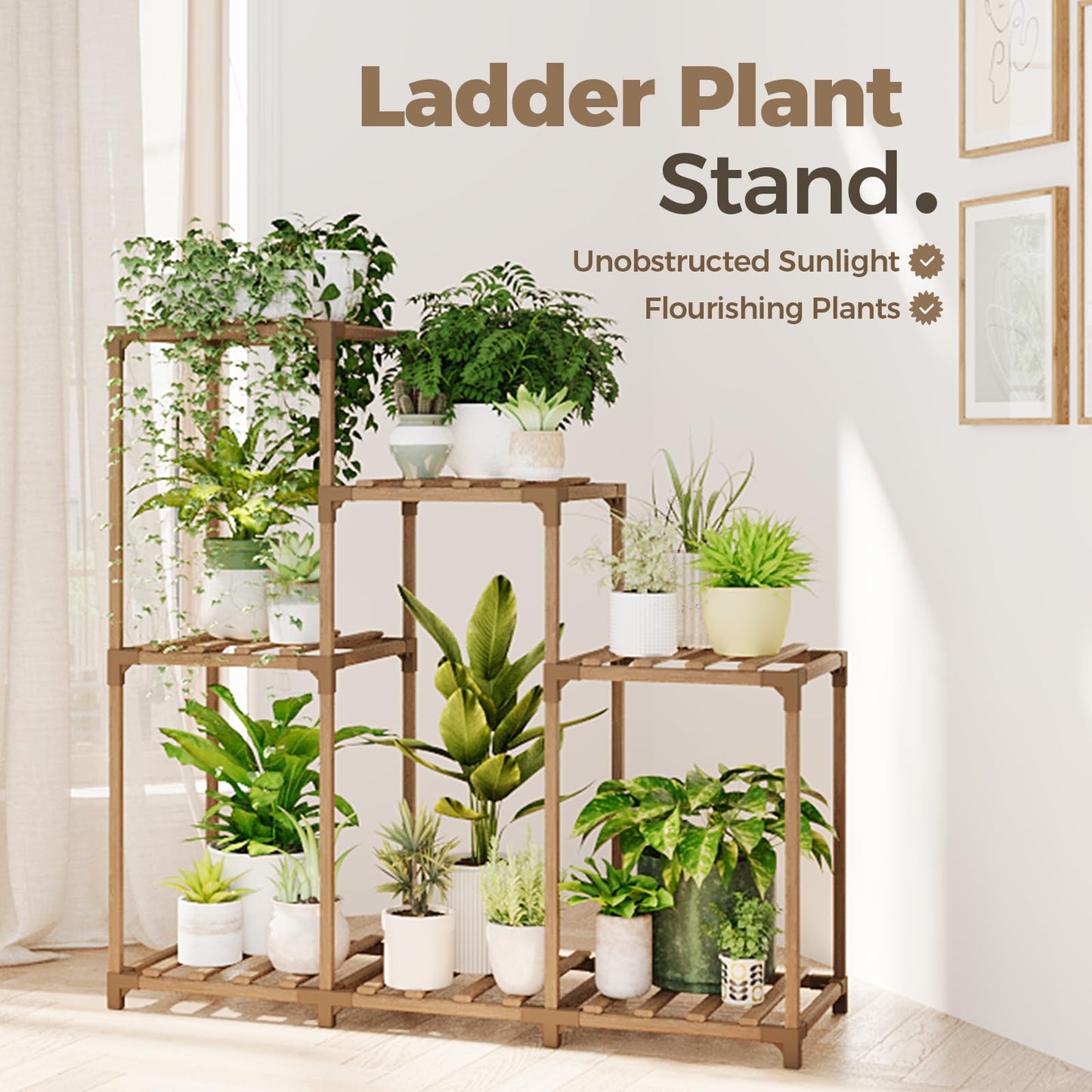 Bamworld Plant Stand with Wheels for Indoor Plants Wood Outdoor Tiered Shelf 3 Tire 7 Potted Ladder Plant Holder Table Pot Stand for Window Garden Balcony Patio Living Room (natureDL)