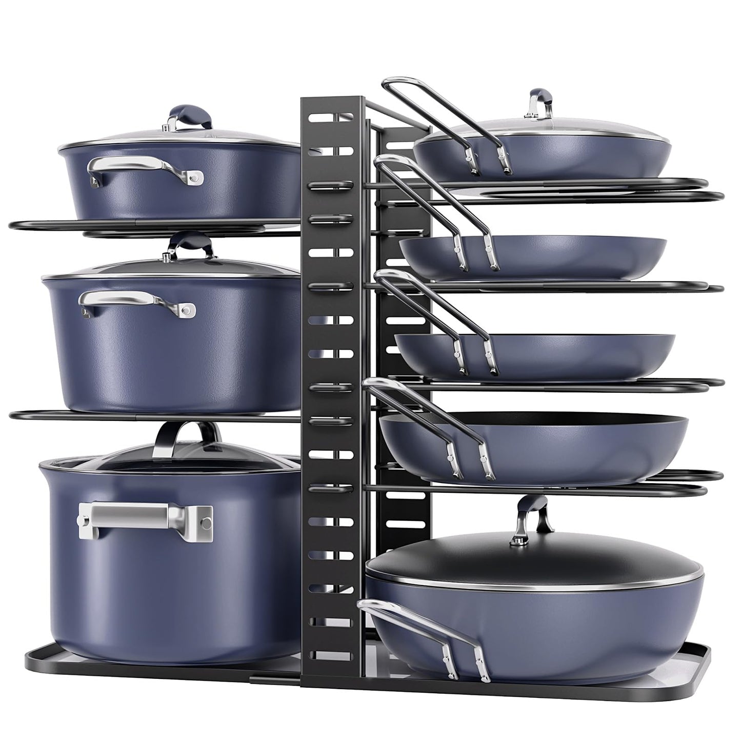 ORDORA 8 Tier Pot and Pan Organizer Rack for Cabinet With 3 DIY Methods, Adjustable Organizer for Pots, Pans and Lids