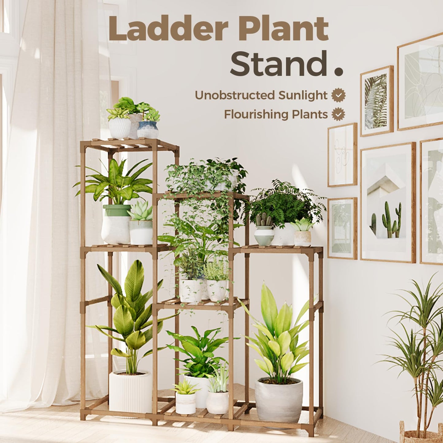 Bamworld Plant Stand with Wheels for Indoor Plants Wood Outdoor Tiered Shelf 3 Tire 7 Potted Ladder Plant Holder Table Pot Stand for Window Garden Balcony Patio Living Room (natureDL)