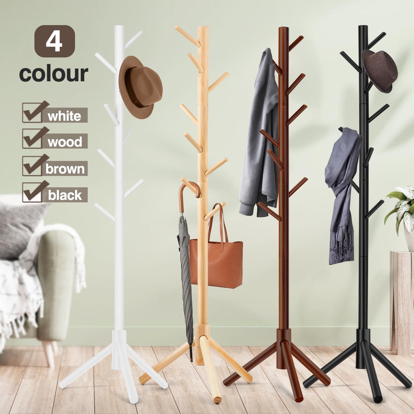 Coat Rack, Freestanding Coat Rack with 8 Hooks and 3 Adjustable Size Tree Coat Racks for Bedroom, Hallway, Entrance, Office, for Hats, Coats, Scarves, Handbags