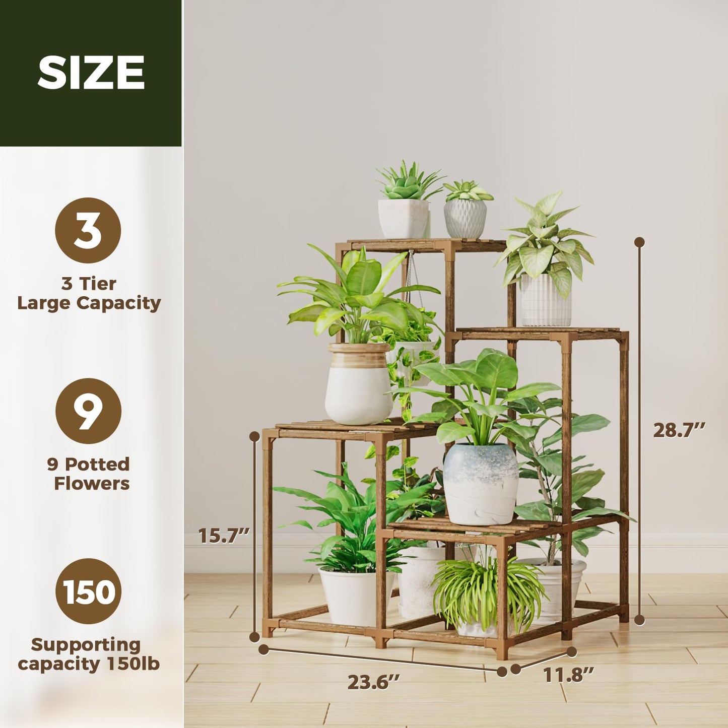 Bamworld Plant Stand with Wheels for Indoor Plants Wood Outdoor Tiered Shelf 3 Tire 7 Potted Ladder Plant Holder Table Pot Stand for Window Garden Balcony Patio Living Room (natureDL)