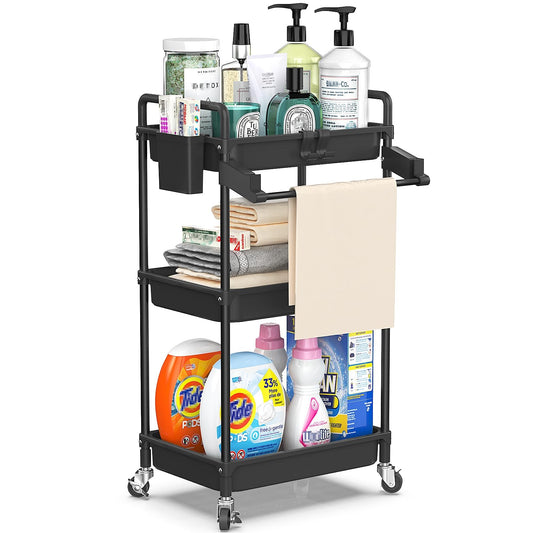 SPACEKEEPER Rolling Storage Cart, 3 Tier Utility Cart Laundry Room Organization Mobile Shelving Unit Bathroom Organizer with Towel Rack, Lockable Wheel, Hooks & Cup for Kitchen Office, Black