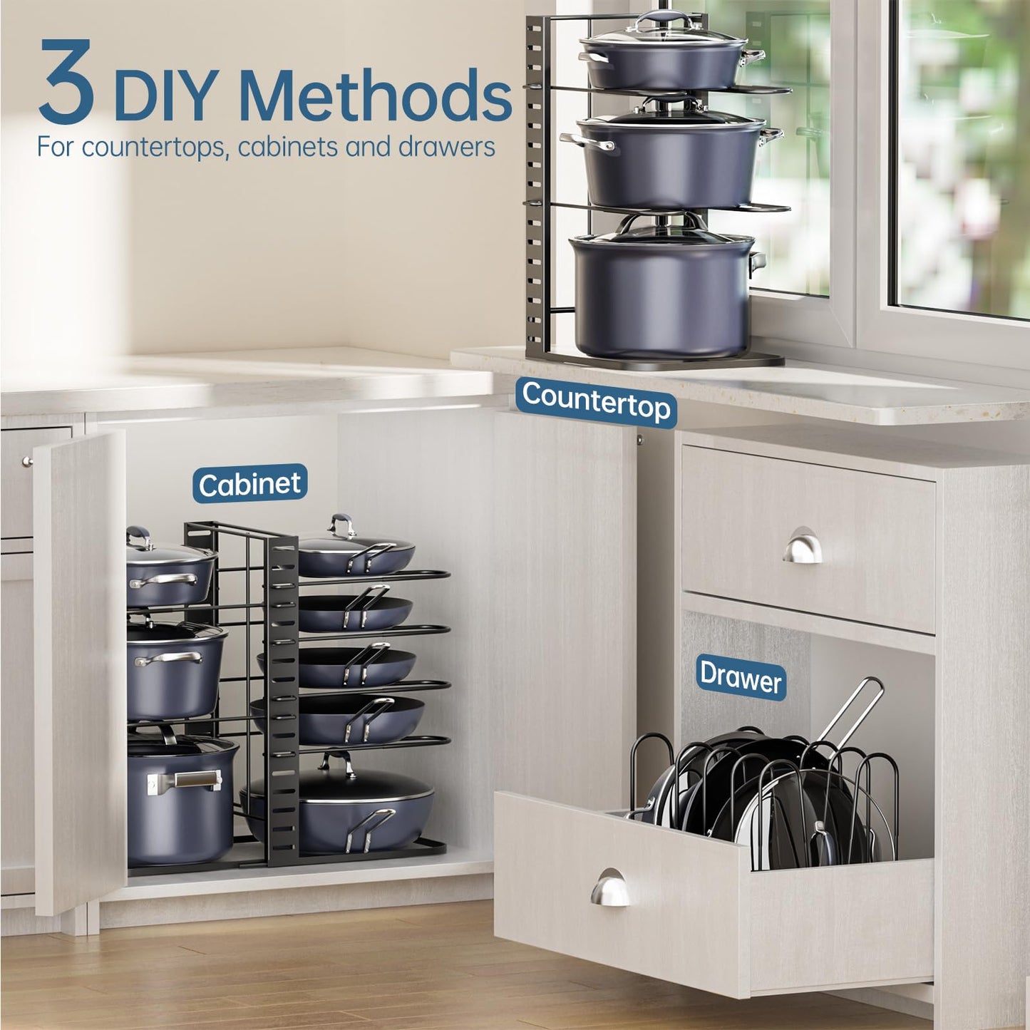 ORDORA 8 Tier Pot and Pan Organizer Rack for Cabinet With 3 DIY Methods, Adjustable Organizer for Pots, Pans and Lids