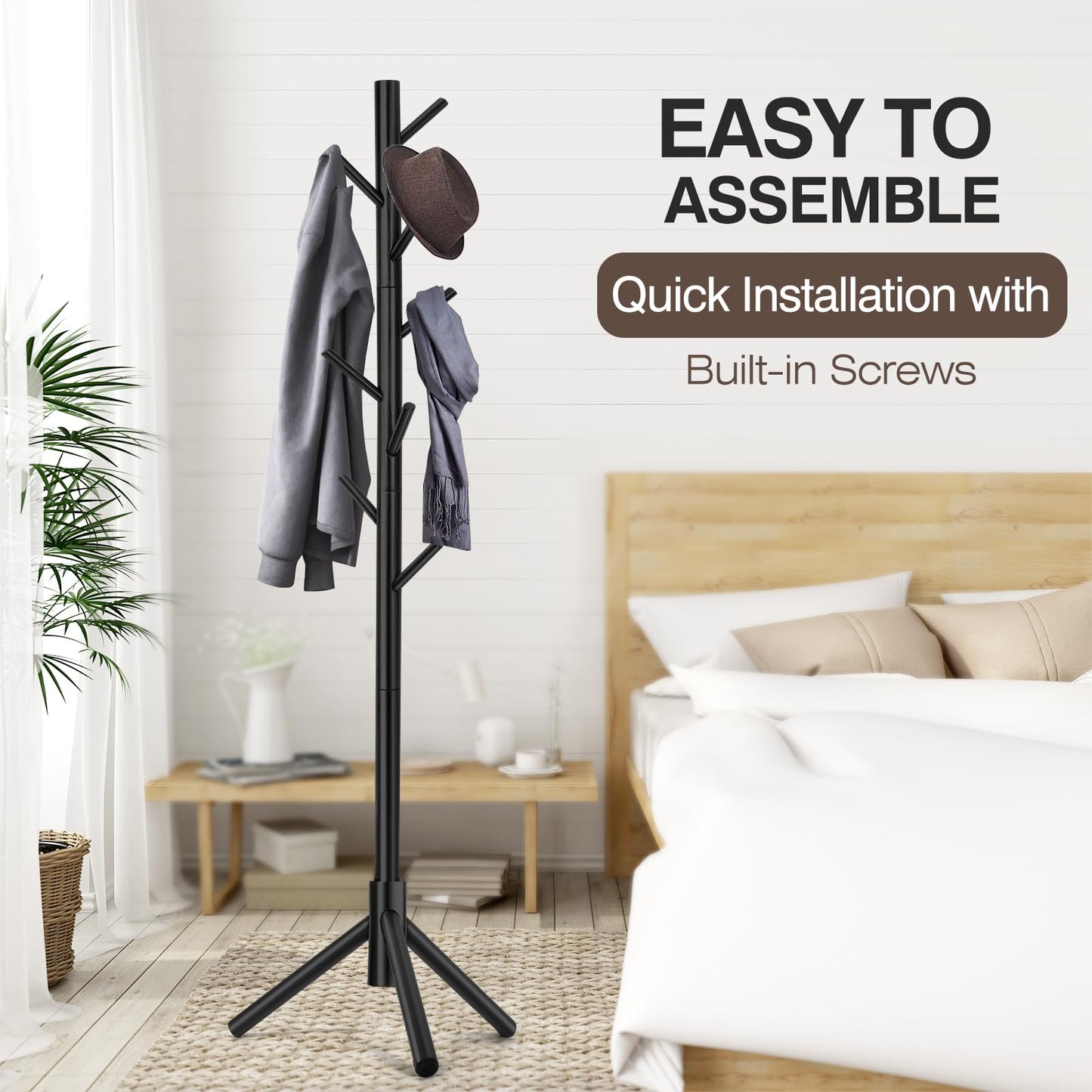 Coat Rack, Freestanding Coat Rack with 8 Hooks and 3 Adjustable Size Tree Coat Racks for Bedroom, Hallway, Entrance, Office, for Hats, Coats, Scarves, Handbags