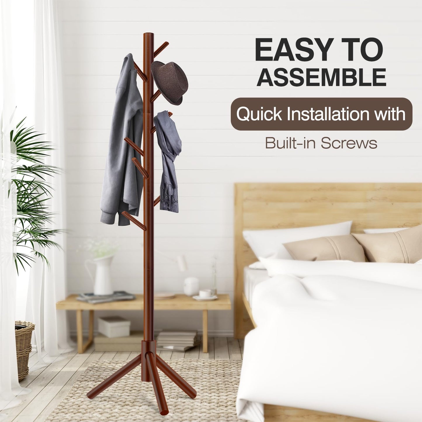 Coat Rack, Freestanding Coat Rack with 8 Hooks and 3 Adjustable Size Tree Coat Racks for Bedroom, Hallway, Entrance, Office, for Hats, Coats, Scarves, Handbags