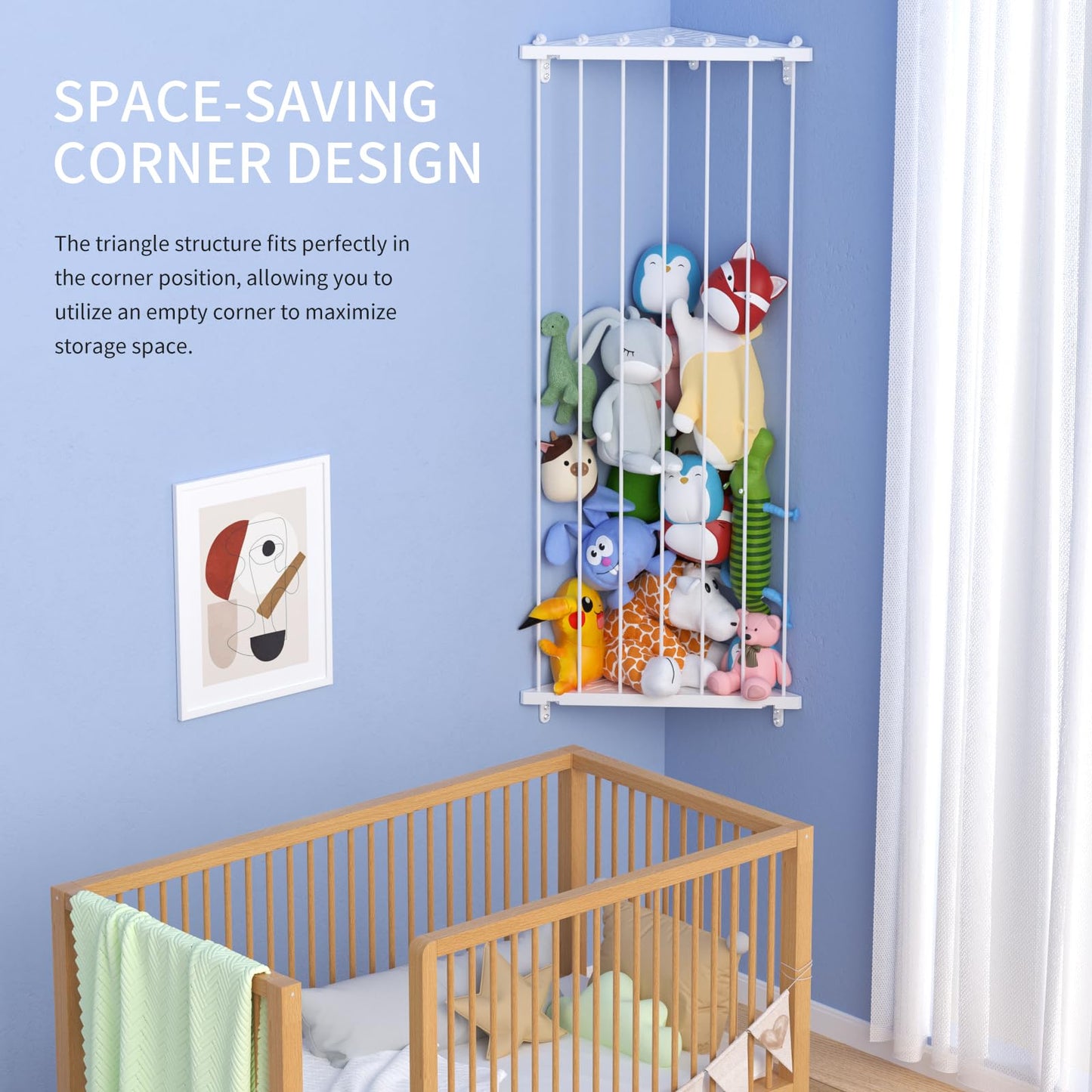 Corner Stuffed Animal Storage Organizer(Patented) - Kids Stuffed Animal Holder with Length Adjustable - Wall Plush Storage for Nursery Playroom Bedroom (White)