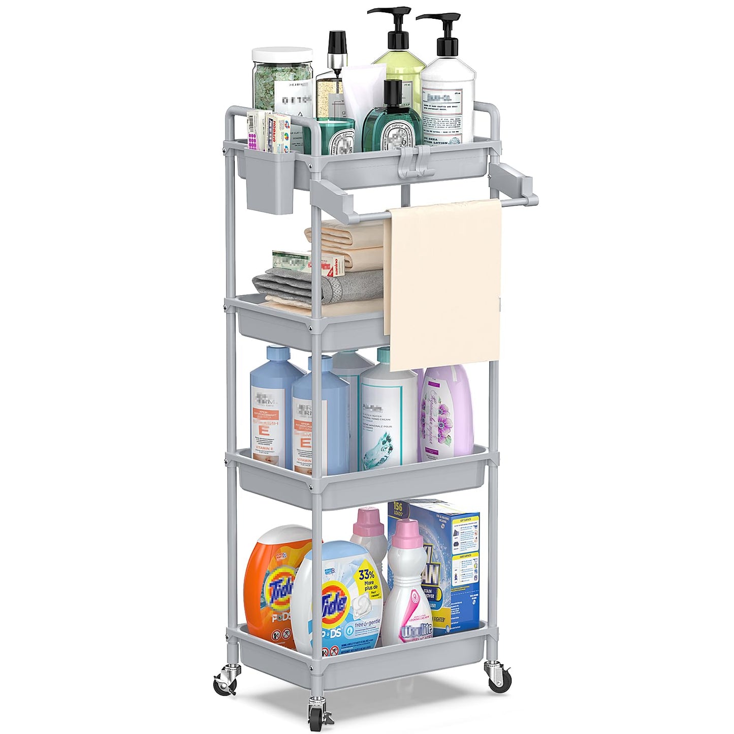SPACEKEEPER Rolling Storage Cart, 3 Tier Utility Cart Laundry Room Organization Mobile Shelving Unit Bathroom Organizer with Towel Rack, Lockable Wheel, Hooks & Cup for Kitchen Office, Black