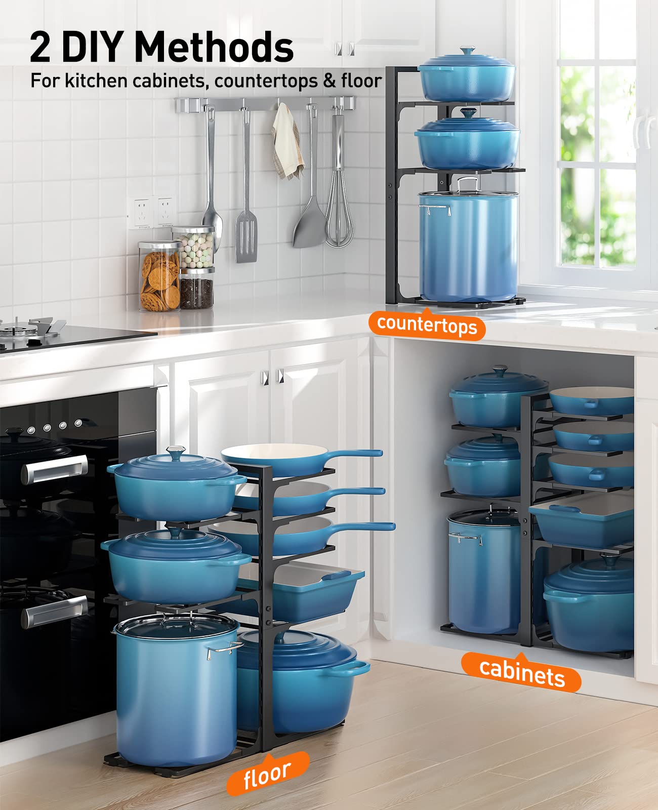 ORDORA 8 Tier Pot and Pan Organizer Rack for Cabinet With 3 DIY Methods, Adjustable Organizer for Pots, Pans and Lids