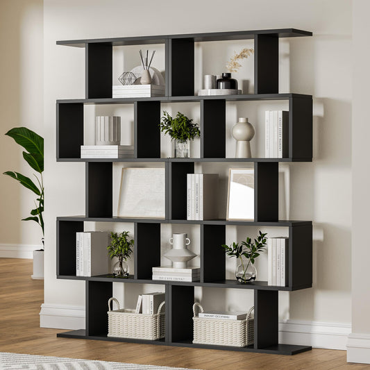 Black 5-Tier Geometric Bookcase, S-Shaped Modern Bookshelf Set of 2, 62.6" Tall Room Divider Book Shelf, Decorative Display Shelf